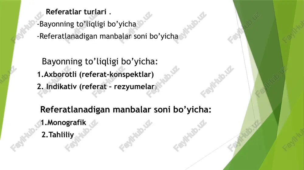 an 2,5 sm, o’ng tomonidan 1,5 sm, yuqorisi va pastidan kamida 2 sm lik hoshiyalar bilan terilishi kerak. matn sahifalari albatta raqamlanishi lozim. ishning raqamlanishi uzluksiz bo’ladi va 3-sahifadan boshlanadi (birinchi va ikkinchi sahifalar - bu titul varag’i va ish rejasi bo’lib, ular raqamlanmaydi). sahifa raqami yuqorida o’rtaga yoki o’ng tomonga qo’yiladi. referat hajmi 16-20 sahifadan oshmasligi kerak. referatning tuzilishi: 1) titul varag’i; 2) har bir masala, kichik masala (band) sahifalari ko’rsatilgan ish rejasi; 3) kirish; 4) materialning masalalar va kichik masalalar (bandlar)ga bo’lingan matnli bayoni, muallif foydalangan manbalarga zaruriy qaydlar ham ko’rsatiladi; 5) xulosa; 6) foydalanilgan adabiyotlar ro’yxati; 7) jadvallar, diagrammalar, grafiklar, rasmlar, sxemalardan iborat ilovalar. referatning baholanishi 1. referat qilingan matnning yangiligi 2. muammo mohiyatini ochib berish darajasi 3. manbalarni tanlashning asosliligi 4. rasmiylashtirish talablariga rioya qilinishi muammo mohiyatini ochib berish darajasi - rejaning referat mavzuiga muvofiqligi; - mazmunning referat mavzui va rejasiga mosligi; - muammoning asosiy tushunchalarini …