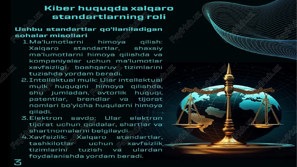 un mustahkam standartlarga talab o'sadi. iso/iec 27001 kabi standartlar muhim bo'lib goladi, chunki ular tashkilotlarga ularning ma'lumotlari va_ tizimlarini himoya_ gilishning samarali usullarini beradi. le kelajak yo'nalishlari va muammolar: e¢ chegaralar bo'ylab kiber-huquq va hamkorlik: kiber jinoyatlar va tahdidlar, ularning chegarasiz tarkibiga ko'ra, boshga davlatlar bilan hamkorlikni zarur giladi. bu muammolarni yechish uchun xalqaro hamkorlik zarur bo'ladi. bmt, eu, itu, icann kabi xalgaro tashkilotlar mohim rol o'ynaydi, chunki ular xalqaro standartlarni belgilaydi. e kiber huquqdagi kutilayotgan o'zgarishlar va yutuglar: kelajakda, kiber huquq o'sadi va o'zgaradi. bu, texnologiyalar yugori darajada_ sinflanishi, shaxsiy ma'lumotiarni himoya_ gilishga ko'proq diqqat garatilishi, va xalgaro standartlarga ko'prog diqqat garatilishi bilan bog'liq bo'lishi mumkin. kiber huqugq sohasidagi yutuglar, jinoyatlarni oldini olish uchu yangi usullar, jinoyatlarni aniglovchi texnologiyalar ma'lumotlar xavfsizligi uchun yangi standart| ko'rinishida bo'lishi mumkin. birog, bu yangilanish ham xalgaro hamkorlik va ijro etish muammola yoritish uchun zarur bo'ladi. 15 14 xulosa: texnologiyalar rivojlanib borgan sari, kiber …