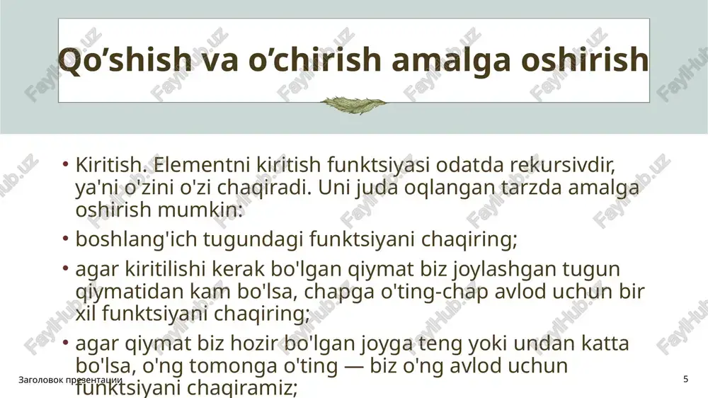 o'ng tarafni hisobga olmaymiz else r=m- 1; } // dastur bu yerga qachonki x element topilmaganda yetib keladi. return -1; int main(void) ( int arr[] = {2, 3, 4, 10, 40}; // elementlar sonini n ga o'zlashtirayabmiz int n = sizeof(arr)/ sizeof(arr[@]); int x = 10; int natija = binargidiruv(arr, @, n-1, x); (natija == -1)? printf("x soni massiv ichida topilmadi.") : printf("x soni massivning %d o'rnida.", natija); return q; soni massivning 3 o'rnida. ...program finished with exit code 0 press enter to exit console.