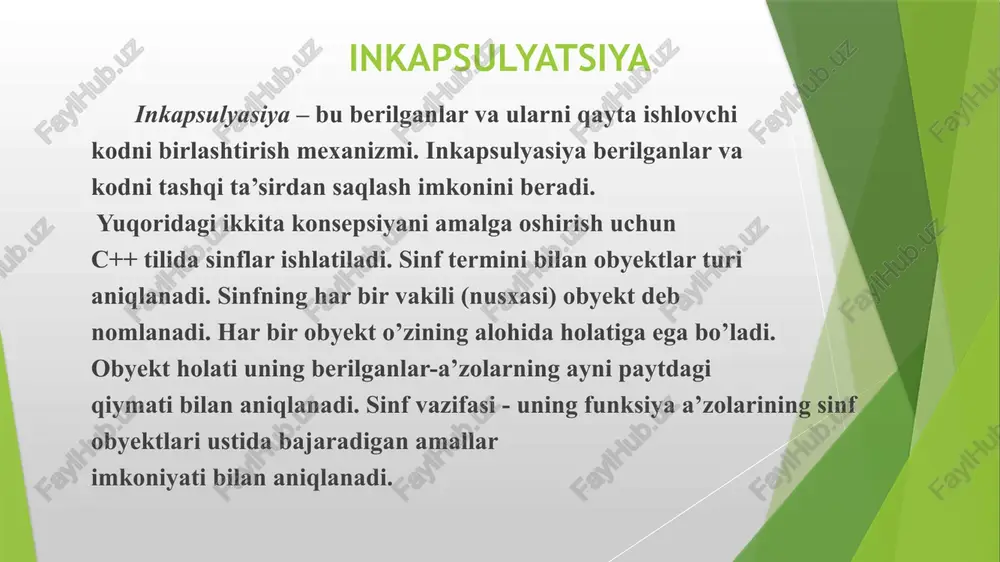 . toshkent axborot texnologiyalari universiteti e`tiboringiz uchun rahmat! image1.png image2.png obyektga yo'naltirilgan dasturlash(oyd) haqida classes - data ‘| abstraction polymorphism *| encapsulation - ‘| information inheritance hiding /docprops/thumbnail.jpeg muhammad al-xorazmiy nomidagi toshkent axborot texnologiyalari universitel ‘ma’lumotlar tuzilmasi va algoritmlar fanidai obektga yornaltrilgan dasturiash. \oristik,polimorfizm va inkapsulyatsiya. mustagil ish 018-guruh bajardi:abdullayev jahongirxon tekshird:tsxokova(siddiqova) nargiza patxillaevna