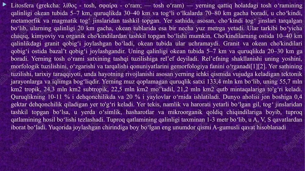 shlarning kengaiishi dehqonchilikka yaroqli yerlarning kamayishiga sabab boʻlmoqda. mutaxassislarning fikricha, xxi asrda yerlarning unumdorligini 3,5-4 % ga oshirilmasa, sayyoramizda yiliga 200 mln tonna don yetishmovchiligi holati yuz berishi mumkin. 4-rasm litosferaning ko’rinishi litosfera, yer resurslari, o’simliklar, o’rmonlar, hayvonot olami, yer osti boyliklari muhofaza, boyliklar, oqilona, foydalanish, samaradorlik, planeta, genetika.tuproq, o’simliklar, miqroorganizmlar, biomassa, tuproqning kislotaliligi, yomg’ir chuvalchanglari, bo’g’ioyoqlilar, bakteriyalar, suvo’tlari, zamburug’lar, eroziya, deflyasiya, chirindi (gumus), mahalliy eroziya, chang bo’ronli. eroziya, almashlab ekish, ko’lis usuli, suvda eruvchan polimerlar, yuzlama eroziya, chiziqli yoki jarli eroziya, irrigasiya eroziyasi, sug’oriladigan erlar, yaylovlar, o’rmonlar, qishloq xo’jalik erlari, shamol to’suvchi to’siqlar, sho’rlangan erlar, eroziyaga uchragan erlar, bonitet balli, dixlordifeniltrixloretan (ddt), rechk, pestisid, gerbisid, xlor va fosfororganik birikmalar, mineral o’g’itlar. unumdorlik xususiyatiga ega bo’lgan yer yuzasining ustki g'ovak qatlami tuproq deyiladi. tuproqlarning tabiatdagi va jamiyat hayotidagi roli g'oyat beqiyosdir. tuproq organizmlar uchun hayot muhiti, ozuqa manbai hisoblanadi, moddalarning kichik biologik va katta geologik aylanma harakatida muhim rol o'ynaydi. …