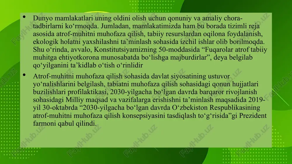 moddalardan foydalanishni kamaytirish issiqxona gazlarini kamaytirish bo‘yicha xalqaro majburiyatlar. hamkor tashkilotlar: bmt (undp, unep) yevropa ittifoqi (eu green central asia) osiyo taraqqiyot banki (adb) jahon banki — yashil energetika va ekologik islohotlarga moliyaviy ko‘mak --- agar xohlasangiz, bu ma’lumotlar asosida referat, slaydli taqdimot yoki hujjat shaklida rasmiylashtirib berishim mumkin. sizga qanday format kerak? xulosa: energetika sohasining rivojlanishi jamiyat taraqqiyoti uchun muhim omil bo‘lsa-da, uning atrof-muhitga ta’siri jiddiy ekologik muammolarni keltirib chiqarmoqda. ayniqsa, an’anaviy energiya manbalaridan foydalanish global iqlim o‘zgarishi, havo, suv va tuproqning ifloslanishiga olib kelmoqda. shu sababli, barqaror rivojlanishni ta’minlash uchun ekologik toza, qayta tiklanuvchi energiya manbalariga o‘tish zarur o‘zbekiston respublikasi bu yo‘nalishda bir qator chora-tadbirlarni amalga oshirmoqda: yangi qonunlar, yashil texnologiyalarni joriy etish va xalqaro bitimlarga qo‘shilish orqali ekologik muhofazani mustahkamlashga harakat qilinmoqda.xulosa qilib aytganda, energetika va atrof-muhit o‘rtasidagi muvozanatni saqlash, zamonaviy texnologiyalar va mas’uliyatli yondashuv orqali ekologik xavfsizlikni ta’minlash — har bir inson va butun jamiyat oldidagi …