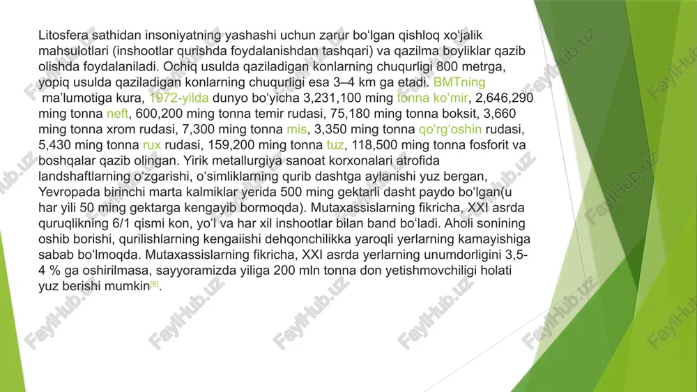 , tog' jinslari, o"simliklar va hayvonlar, mikroorganizmlarning o'zaro murakkab ta'siri natijasida hosil bo’ladi. 1 gramm tuproqda milliondan ortiq sodda hayvonlar va tuban o" simliklar uchraydi. tuproq tugaydigan va tiklanadigan resurslarga kiradi. tuzilishiga ko’ra tuproqda 3 asosiy qatlam ajratiladi: a-eng ustki gumus (chirindi)li qatlam; b-yuqori qatlamdan mineral va organik birikmalar to'planadigan qatlam. c-tuproq vujudga keladigan ona jins qatlami. tuproqning har bir gorizonti organik va mineral birikmalar aralashmasidan iborat. tuproq tarixiy tarkib topgan murakkab, mustaqil tabiiy jism bo’lib, o'zgaruvchan dinamik hosiladir. yer yuzi turli qobiqlari o'rtasidagi aloqadorlik tuproq orqali amalga oshadi. tuproq tabiiy landshaftlarning asosi hisoblanadi. biosferada bajaradigan faoliyatiga qarab tuproqni organik hayot zanjirining eng muhim halqasi, deb yuritsa bo"ladi. tuproqda u yoki bu mikroelementlar etishmasligi yoki optiqchaligi organizmlarning rivojlanishi va insonning sog'lig'iga bevosita ta'sir ko’rsatadi; tuproq kasallik tarqatadigan ko’plab mikroorganizmlar uchun zarur hayot muhiti hisoblanadi. tuproqda sil, vabo, o'lat, ichterlama, burutsellioz va boshqa kasalliklarning qo'zgatuvchilari bo'lishi mumkin. biosferada tuproqning eng muhim …