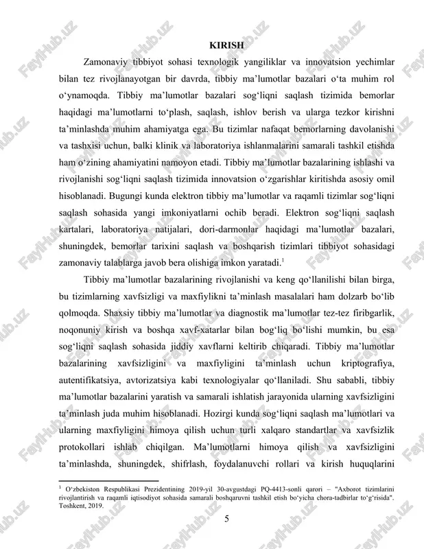 azalarini yaratish va ularga innovatsion yechimlarni joriy etish, shuningdek, xavfsizlikni ta’minlash bo‘yicha amalga oshirilayotgan islohotlar davlatimiz sog‘liqni saqlash tizimining global miqyosdagi raqobatbardoshligini oshiradi. bitiruv malakaviy ishining dolzarbligi. hozirgi kunda tibbiy ma’lumotlar bazalari va ularning xavfsizligini ta’minlash masalalari sog‘liqni saqlash sohasining eng dolzarb yo‘nalishlaridan biriga aylangan. prezidentimizning so‘zlariga ko‘ra, "sog‘liqni saqlash tizimi har bir fuqaroning hayoti va salomatligini ta’minlashda asosiy rol o‘ynaydi" va "bu sohada innovatsion texnologiyalarni joriy qilish, ulardan samarali foydalanish, barcha tibbiy ma’lumotlarni bir tizimga jamlash va ular xavfsizligini ta’minlash davrning eng muhim vazifalaridan biridir". shunday qilib, tibbiy ma’lumotlar bazalarining samarali ishlashi, ularning xavfsizligi va maxfiyligi masalalari mamlakatimizda ahamiyatli bo‘lib, ularning rivojlanishi umumiy sog‘liqni saqlash tizimining sifatini yaxshilashga xizmat qiladi. bugungi kunda sog‘liqni saqlash tizimini yanada takomillashtirish, tibbiy ma’lumotlarni zamonaviy raqamli texnologiyalar orqali boshqarish va ularni xavfsiz saqlash masalalari yurtimizdagi strategik vazifalardan biridir. prezidentimiz tomonidan ilgari surilgan "raqamli iqtisodiyot va elektron hukumatni rivojlantirish" dasturi doirasida tibbiy ma’lumotlar bazalarini yaxshilash …