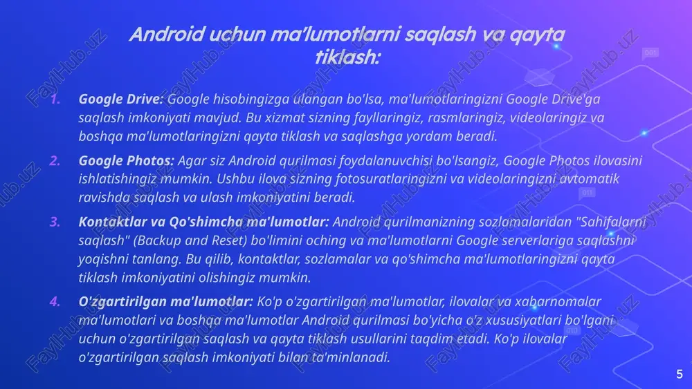 guruhida ko'proq muhitboshlashgan va apfsga nisbatan undov maydonida emas. bu androidda ma'lumot tiklashni nisbatan osonlashtiradi. 3. ma'lumot shifrlash: iphone: ios qurilmalari sukut shifrlash bilan ta'minlanadi, va o'chirilgan ma'lumotlar xavfsiz yoki shifrlangan qolib turishi mumkin. o'chirilgan ma'lumotlarni tiklash uchun shifrlash kaliti erkinlashtirilishi kerak, bu esa murakkablikni oshiradi. android: shifrlash tizimlari ishlab chiqaruvchidan va modeldan modelgacha farqlanadi. ba'zi android qurilmalari shifrlashni takomillashtirgan, ba'zilari esa kamroq xavfsizlik chet ellatishadi. bu esa ma'lumot tiklash murakkablik darajasini ta'sir qiladi. 24 4. tiklash va qayta tiklash imkoniyatlari: iphone: ios foydalanuvchilari, yaqin saqlash ma'lumotlarini olishi mumkin bo'lgan "icloud backup" va "itunes backup" imkoniyatlaridan foydalanishlari mumkin. android: android foydalanuvchilari ilova ma'lumotlari, sozlamalar va ba'zi ilova-tayyorlangan ma'lumotlarni olishlari uchun "google backup" imkoniyatidan foydalanishlari mumkin. lekin saqlash usullari ishlab chiqaruvchi tomonidan farqlanadi va qo'shimcha variantlar ishlatilishi mumkin. 5. ma'lumot tiklash usullari: iphone: ios ma'lumot tiklash dasturlari ma'lumotlarga kirish uchun qurilmani jailbreak qilishni talab qilishi mumkin. bu dasturlar qurilmaning xavfsizligini buzishi …