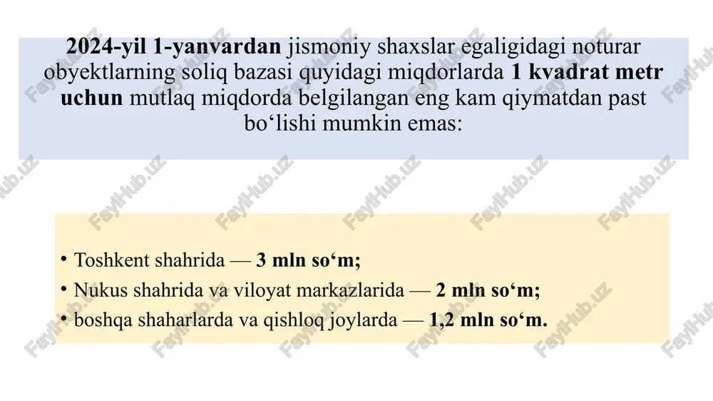 tlar meros bo'yicha o'tishi bilan birgalikda mulk huquqi, egalik qilish va foydalanish huquqi o'tgan er uchastkalari uchun er solig'i meros qoldiruvchining soliq majburiyatlarini inobatga olgan holda merosxo'rlardan undiriladi. 1) dehqon xo'jaligini yuritish uchun meros qilib qoldiriladigan umrbod egalik qilishga berilgan er uchastkalari yuridik shaxs tashkil etgan yoki etmagan holdagi dehqon xo'jaliklari soliq to'lovchilar soliq solish ob'ekti o'zbekiston respublikasi vazirlar mahkamasi, qoraqalpog'iston respublikasi vazirlar kengashi, mahalliy davlat hokimiyati organlari tomonidan ijaraga berilgan er uchastkalari uchun to'lanadigan ijara haqi er solig'iga tenglashtiriladi. 3) jamoa bog'dorchiligi, uzumchiligi va polizchiligini yuritish uchun berilgan, shuningdek yakka tartibda garajlar bilan band er uchastkalari 2) yakka tartibda uy-joy qurilishi uchun meros qilib qoldiriladigan umrbod egalik qilishga berilgan er uchastkalari 4) xizmat yuzasidan berilgan chek erlar 5) meros bo'yicha, hadya qilinishi yoki sotib olinishi natijasida uy-joy va imoratlar bilan birgalikda mulk huquqi, egalik qilish va foydalanish huquqi ham o'tgan er uchastkalari 7) tadbirkorlik faoliyatini yuritish uchun foydalanishga yoki …