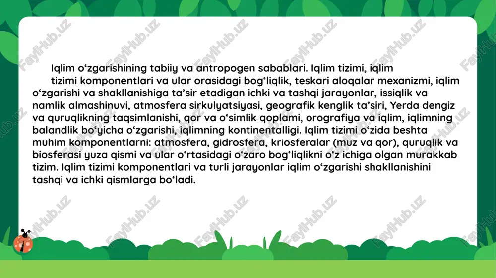 rcha iqlim jarayonlari oʻzgara boshlaydi. harorat oshishidan muzliklar eriydi. shimoliy va janubiy kutb muzliklari, grenlandiya muzliklari, toglardagi muzliklar. qutblardagi va grenlandiyadagi muzliklarning erishi bilan okeanlarga koʻp miqdorda chuchuk suv kelib tushadi. chuchuk suv, shoʻr okean suvidan farqli ravishda, boshqacha fizik xususiyatlarga ega u tez isiydi. okean, hatto gradusning undan bir qismiga boʻlsada, isiganda esa, okean oqimlari oʻzgaradi. sohildagi koʻplab davlatlarning iqlimi okean oqimlariga bogʻliq. aynan okean oqimlari global gidrologik siklni muvozanatda ushlovchi kuchi xisoblanadi. barcha materiklardagi iqlimni tartibga soluvchi siklonlar va antitsiklonlarning kaerda va kachon hosil boʻlishi xam okean oqimlariga bogʻliq. education aynan okean oqimlari global gidrologik siklni muvozanatda ushlovchi kuchi xisoblanadi. barcha materiklardagi iqlimni tartibga soluvchi siklonlar va antitsiklonlarning kaerda va kachon hosil boʻlishi xam okean oqimlariga bogʻliq. aynan okean oqimlari yogʻinlarni olib keladigan bulutlarning qanday va qancha hajmda hosil boʻlishiga javob beradi. agar oqimlar oʻzgaradigan boʻlsa, barcha narsa, xamma global iqlim hosil qiluvchi jarayonlar xam oʻzgarib ketadi. birok, …