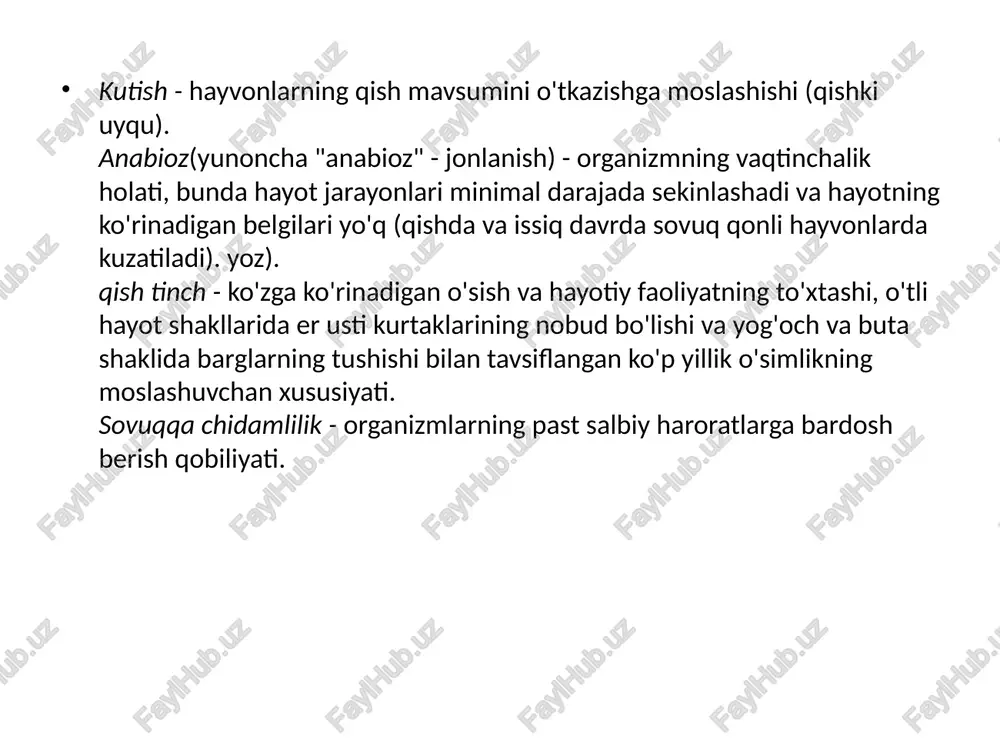 arish yo‘li bilan sobiq biotsenozning yangilanishini ta’minlash bo‘yicha chora-tadbirlar majmui. fitotsenoz(yunoncha "fiton" - o'simlik, "senoz" - umumiy) o'simliklar jamoasi, tarixan hududning bir hil hududida o'zaro ta'sir qiluvchi o'simliklarning kombinatsiyasi natijasida hosil bo'lgan. bu ma'lum bir xususiyat bilan tavsiflanadi tur tarkibi, hayot shakllari, qatlamlanish (er usti va er osti), ko'pligi (turlarning paydo bo'lish chastotasi), tarqalishi, aspekti (tashqi ko'rinishi), hayotiyligi, mavsumiy o'zgarishlari, rivojlanishi (jamoalarning o'zgarishi) . ekologiya - tirik mavjudotlarning bir-biri bilan va ularni o'rab turgan tabiat bilan aloqasi, o'ta organizm tizimlarining tuzilishi va faoliyati haqidagi fan. "ekologiya" atamasi 1866 yilda nemis evolyutsionisti ernst gekkel tomonidan kiritilgan. e.gekkel ekologiya mavjudlik uchun kurashning turli shakllarini o'rganishi kerak, deb hisoblagan oʻzining birlamchi maʼnosida ekologiya organizmlarning atrof-muhit bilan munosabatlari haqidagi fandir (yunoncha “oikos” — turar joy, turar joy, boshpana). ekologiya, har qanday fan singari, o'ziga xos ob'ekti, predmeti, vazifalari va usullarining mavjudligi bilan tavsiflanadi (ob'ekt - bu fan tomonidan o'rganiladigan atrofdagi dunyoning bir qismi; fan …