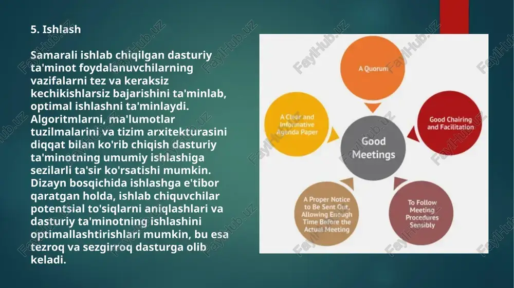 asaytirmasdan boshqarishini ta'minlashi mumkin. yaxshi dasturiy ta'minot dizayni oson masshtablash va o'zgaruvchan talablarga moslashish imkonini beradi. nima uchun dasturiy ta'minotni loyihalashda foydalanuvchi tajribasi muhim? foydalanuvchi tajribasi (ux) dasturiy ta'minot dizaynining muhim jihati hisoblanadi, chunki it foydalanuvchilarning dasturiy ta'minot ilovasi bilan qanday munosabatda bo'lishini belgilaydi. yaxshi ishlab chiqilgan foydalanuvchi tajribasi foydalanish qulayligini oshiradi, dasturiy ta'minotdan foydalanishni intuitiv qiladi va mijozlar ehtiyojini qondirishni yaxshilaydi. foydalanuvchi uchun qulay dasturiy ta'minot dizayni foydalanuvchilarni qabul qilish tezligini oshiradi va dasturning umumiy muvaffaqiyatiga hissa qo'shadi. https://backlinkworks.com/blogs/the-importance-of-software-design-a-guide-for-developers/#:~:text=software%20design%20is%20important%20for,enhances%20the%20overall%20user%20experience https://yandex.uz/images/search?from=tabbar&text=the%20importance%20of%20proper%20software%20design. image6.png image7.jpeg image8.png image9.png image10.png image11.png image2.png image3.png image4.png image5.png good chairing \ and facilitation good meetings va a proper notice to be sent out, allowing enough time before the actual meeting to follow meeting procedures sensibly decision tree play soccer? ‘weather @: 000 sunny rainy ( sumtaiey high normal strong ‘weak 4 ® j © 12 agile principles satisfy the customer ‘welcome changing 1 through early and 2 …