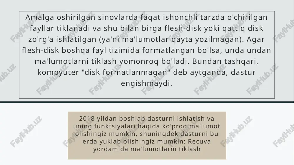 aratilgan. rasmlarni tiklash uchun dastur hech qanday maxsus bilim va ko'nikmalarni talab qilmaydi va deyarli hamma narsani o'z-o'zidan amalga oshiradi, siz hatto rasm fayllarining formatlari, kengaytmalari va turlarini tushunishingiz shart emas. ko'proq o'qing: rs photo recovery-da rasmlarni tiklash rs fayl ta'mirlash - siz fayllarni (xususan, rasmlarni) qayta tiklash uchun biron bir dasturdan foydalangandan so'ng, siz "buzilgan tasvir" ni, qora rangda tushunarsiz rangli bloklarni o'z ichiga olgan yoki shunchaki ochishdan bosh tortganingiz bilan duch keldingizmi? ushbu dastur ushbu aniq muammoni hal qilish uchun yaratilgan va buzilgan rasm fayllarini umumiy jpg, tiff, png formatlarida tiklashga yordam beradi. windows uchun seagate file recovery - qattiq diskdan ma'lumotlarni tiklash bu eski odatmi yoki bilmayman, chunki bu juda qulay va samarali, men tez-tez seagate file recovery qattiq disklarini ishlab chiqaruvchisi dasturidan foydalanaman. ushbu dasturni ishlatish juda oson, u nafaqat sarlavhada ko'rsatilgan qattiq disklar bilan (balki nafaqat seagate), balki boshqa har qanday saqlash vositalarida ham ishlaydi. …