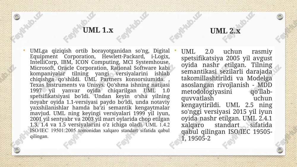 larga xos bo'lgan cheklovdan ozod bo'ladi. rasmiy tavsif. ba'zi hollarda uml, ocl va ingliz tilining mavhum sintaksisi bir-biriga zid keladi, boshqa hollarda ular to'liq emas. uml ning noaniq tavsiflari foydalanuvchilarga ham, asbob sotuvchilarga ham ta'sir qiladi, bu esa spetsifikatsiyalarning o'ziga xos talqini tufayli asboblarning mos kelmasligiga olib keladi. o'rganish va amalga oshirishdagi qiyinchiliklar. yuqoridagi muammolar umlni o'rganish va amalga oshirishni muammoli qiladi, ayniqsa boshqaruv muhandislarni oldindan ma'lumotsiz uml dan foydalanishga majbur qilganda. faqat kod kodni aks ettiradi. yana bir fikr shundaki, chiroyli modellar emas, balki ishlaydigan tizimlar muhim ahamiyatga ega. qanday qilib qisqa qilib ayting jek rivz, "kod - bu dizayn" ("kod - loyiha")[15][16]. bu fikrga ko'ra, dasturiy ta'minotni yozishning yaxshiroq usuliga ehtiyoj bor; uml bunday yondashuvlarda qadrlanadi modellarni kompilyatsiya qilish manba yoki bajariladigan kodni yaratish uchun. biroq, bu hali ham etarli bo'lmasligi mumkin, chunki uml xususiyatlariga ega emasturing to'liqligi va yaratilgan har qanday kod uml talqin qilish vositasi ko'rishi …
