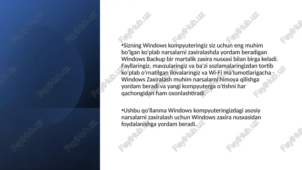 ing afzalliklarimni eslab qoling” ro‘yxatiga o‘rnatishingiz va zaxira nusxasini yaratmoqchi bo‘lgan har qanday element uchun katakchalar qo‘yilganligiga ishonch hosil qilishingiz mumkin. eslatma: hisob qaydnomalari va parollar - bu windows zaxiralash-dagi wi-fi tarmoqlari va parollar sozlamalarida belgilash uchun oyna. windows 11 hali ham zaxiralash va tiklash xususiyatiga ega, siz undan yangi windows tizimi yoki boshqa muhim fayllarni zaxiralash uchun foydalanishingiz mumkin. tizim yoki fayl bilan bog'liq muammo bo'lsa, uni qayta tiklash uchun zaxiradan foydalanishingiz mumkin. ammo shuni ta'kidlash kerakki, windows 11 da zaxiralash va tiklashga kirish joyi o'zgargan, asl kirish o'chirilgan va onedrive zaxira funksiyasi bilan almashtirilgan. windows 10 da siz windows 10 zaxira dasturiga kirishingiz mumkin - sozlamalar > yangilash va xavfsizlik > zaxiralash > zaxiralash va tiklash (windows 7) orqali zaxiralash va tiklash. windows 11 da siz ikkita yoʻldan borishingiz mumkin, yaʼni boshqaruv paneli > tizim va xavfsizlik > zaxiralash va tiklash (windows 7) yoki sozlamalar > tizim > …