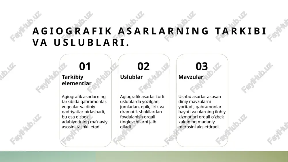 hkamlaydi. 03 ijtimoiy ta'sir agiografik asarlar, jamiyatda axloqiy me'yorlarni belgilab, diniy va ma'naviy qadriyatlarni uyg'otishda ijtimoiy rol o'ynaydi, odamlar o'rtasida birlikni kuchaytiradi. o'zbek mumtoz adabiyotida hagiografik asarlarning rivojlanish tarixi. 1 hagiografiya tarixi o'zbek mumtoz adabiyotida hagiografik asarlarning rivojlanishi ix asrda boshlangan, diniy va falsafiy g'oyalar bilan boyitilgan asarlar yaratilgan. 2 mualliflar va asarlar o'zbek agiografik adabiyotida ahmad yugnaki, alisher navoi kabi mualliflar o'z asarlari bilan muhim rol o'ynagan. ular diniy qadriyatlarni kengaytirdi. 3 rivojlanish bosqichlari hagiografik asarlar o'zbek adabiyotida turli bosqichlarda rivojlanib, xix asrga kelib, xalq ta'limida muhim o'rin egalladi va madaniy merosga aylandi. xulosa 1 agiografik asarlarning ahamiyati agiografik asarlar o'zbek mumtoz adabiyotida diniy va ma'naviy qadriyatlarni ifodalab, insoniyat tarixida muhim rol o'ynaydi. 2 madaniy meros va ta'sir hagiografiya o'zbek madaniy merosining ajralmas qismi bo'lib, san'at va adabiyotga chuqur ta'sir o‘tkazgan. bu asarlar milliy identitiyimizni mustahkamlashda muhim ahamiyatga ega. 3 o'zbek adabiyotining rivoji o'zbek mumtoz adabiyotida agiografik asarlarning tarixi …