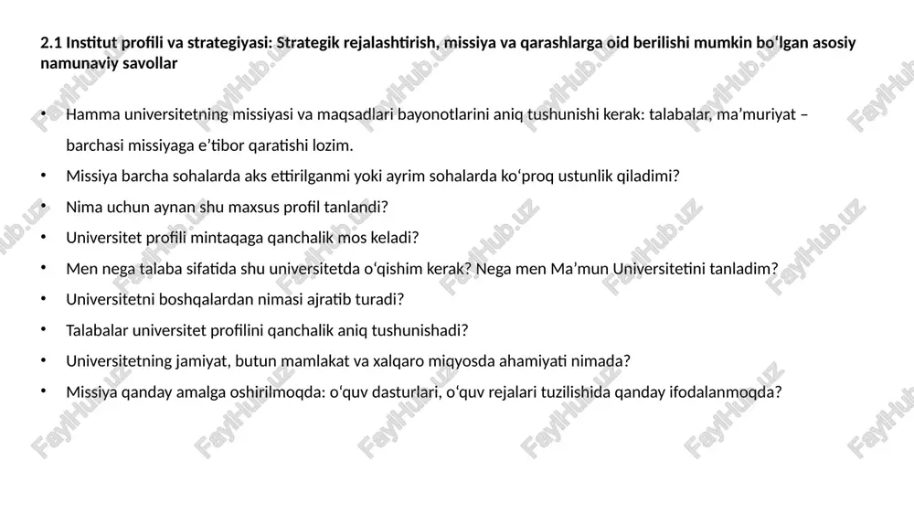 di? o‘quv dasturlari qanday tuziladi? ular milliy yo‘naltirilganmi? ikki diplomli dasturlar bormi? talabalar mobilligi? akademik mobillik-chi? qancha fanlarni onlayn o‘qitish mumkin? qancha fanlarni an’anaviy (on-site) tarzda? o‘qitish usullari qanday? ular qanday baholanadi? ushbu usullar amaldagi, aniq va kompetensiyalarga mosmi (zarur kompetensiyalarni bera oladimi)? yangi o‘quv dasturini ishlab chiqish mumkinmi? jarayon qanday? yangi dastur joriy etilishi yoki endi talab bo‘lmagani sababli o‘quv dasturini tugatish uchun qancha vaqt talab etiladi? 2.3 ta’lim jarayoni va o‘qitish ta’lim dasturlari uchun resurslar qanday taqsimlanadi? akademik xodimlar va talabalar nisbati yetarlimi? talabalar uchun stipendiyalar mavjudmi? tanlov mezonlari qanday? qaysi maqsadli guruhlarga mo‘ljallangan, talabalarni tanlash va qabul qilish mezonlari shaffofmi? ta’lim dasturlari milliy qonunchilik talablariga yetarlicha mos keladimi? yangi o‘qitish usullaridan, masalan, masofaviy ta’limdan (e-learning) foydalaniladimi? onlayn imkoniyatlar (kutubxona, moodle va boshqalar) bormi? qo‘shimcha ta’lim imkoniyatlari mavjudmi va ular mamun universiteti strategiyasiga integratsiya qilinganmi? talabalar uchun qo‘llab-quvvatlash xizmatlari qanday shakllantirilgan va jihozlangan? (kasbiy yo‘naltirish xizmati, tibbiyot xizmati, …