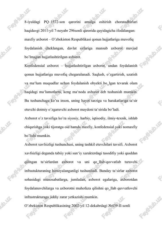 tlari, axborot tarmoqlari, davlat boshqaruv tizimlari, mudofaa va maxsus tuzulmalar) ularda ko’riladigan masalalarning muhimligi va xarakteriga ko’ra, ularning axborot tizimlari faoliyati ishonchliligiga nisbatan yuqori talablar va xavfsizlik bo’yicha maxsus choralar ko’rilishini talab etadi. axborot xavfsizligining milliy xavfsizlik tizimidagi o’rni. xxi asrda shaxs, jamiyat va davlat taraqqiyotida axborot resurslari va texnologiyalarining rolini ortishi natijasida o‗zbekistonda fuqarolik jamiyatini axborotlashtirilgan jamiyat sifatida qurish masalasini hal etish bilan birga quyidagi omillar milliy xavfsizlikni ta‘minlash tizimida axborot xavfsizligining yetakchi o‗rin egallashini belgilaydi: – milliy manfaatlar, ularga tajovuz va ularni bu tajovuzlardan himoyalash axborot va axborot sohasi orqali ifodalanadi, amalga oshiriladi. – inson va uning huquqlari, axborot va axborot tizimlari hamda ularga egalik qilish – bu nafaqat axborot xavfsizligining asosiy obyektlari, balki xavfsizlik sohasidagi barcha xavfsizlik obyektlarining asosiy elementlari hamdir; – axborot yondashuvidan asosiy ilmiy-amaliy usul sifatida foydalanish orqali milliy xavfsizlik masalalarini hal etish mumkin; – milliy xavfsizlik muammosi yaqqol ajralib turuvchi axborot tavsifiga ega. axborot …
