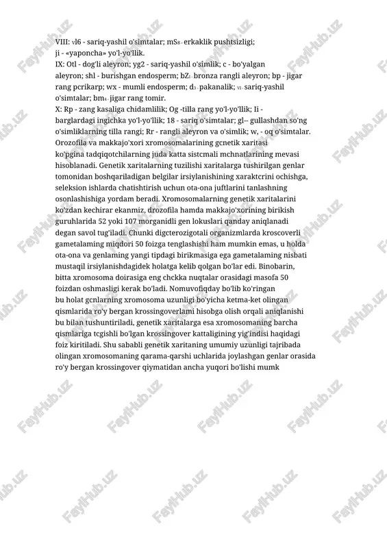i kuchaytiruvchi; v5 - sariqyashil o'simtalar; ral- shoxlangan boshoq; gil - yaltiroq barglar; tpi - o'zgargan to'pgul; sl- kesik barglar; ij - yo'l-yo'llik; bn - jigar rang aleyron; bd - shoxlangan so'ta. viii: vl6 - sariq-yashil o'simtalar; ms8 - erkaklik pushtsizligi; ji - «yaponcha» yo'l-yo'llik. ix: otl - dog'li aleyron; yg2 - sariq-yashil o'simlik; c - bo'yalgan aleyron; shl - burishgan endosperm; bzi - bronza rangli aleyron; bp - jigar rang pcrikarp; wx - mumli endosperm; d3 - pakanalik; vi - sariq-yashil o'simtalar; bm4 - jigar rang tomir. x: rp - zang kasaliga chidamlilik; og -tilla rang yo'l-yo'llik; ii - barglardagi ingichka yo'l-yo'llik; 18 - sariq o'simtalar; gl-- gullashdan so'ng o'simliklarning tilla rangi; rr - rangli aleyron va o'simlik; w, - oq o'simtalar. orozofila va makkajo'xori xromosomalarining gcnetik xaritasi ko'pgina tadqiqotchilarning juda katta sistcmali mchnatlarining mevasi hisoblanadi. genetik xaritalarning tuzilishi xaritalarga tushirilgan genlar tomonidan boshqariladigan belgilar irsiylanishining xaraktcrini ochishga, seleksion …