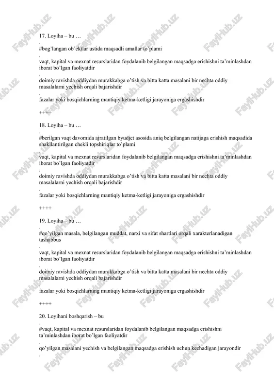 r’e qatori yig’indisi garmonika bo’ladi, amplitudasi esa ck=2πk/t ++++ 107. fur’e qatorida garmonika deb nimaga aytiladi va uning chastotasi qanday topiladi? . # fur’e qatorining n=k ga mos qo’shiluvchisiga, chastotasi esa wk=2πk/t . agar ak=0 bo’lsa, fur’e qatori yig’indisi garmonika bo’ladi, chastotasi esa wk=|bk| . agar bk=0 bo’lsa, fur’e qatori yig’indisi garmonika bo’ladi, chastotasi esa wk=|ak| . agar ak≠0 va bk≠0 bo’lsa, fur’e qatori yig’indisi garmonika bo’ladi, chastotasi esa wk=sqrt((ak)2+(bk)2) ++++ 108. fur’e qatorining yetakchi garmonikasi qanday aniqlanadi? . # agar i≠k da ck>>ci bo’lsa, u holda k- garmonika yetakchi bo’ladi. . agar i≠k da ck>ci bo’lsa, u holda k- garmonika yetakchi bo’ladi. . agar ck≠0 bo’lsa, u holda k- garmonika yetakchi bo’ladi. . agar ck>1 bo’lsa, u holda k- garmonika yetakchi bo’ladi. ++++ 109. yetakchi garmonikani aniqlash nima uchun kerak bo’ladi? . # signalning asosiy qismini ajratib olish uchun. . signalning grafigini tuzish uchun. . signalning amplitudasini aniqlash uchun. …