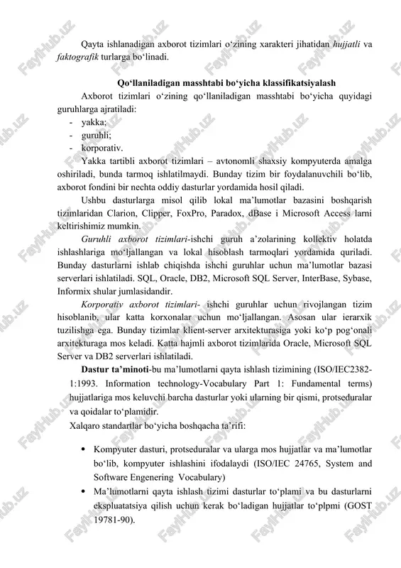 iga mos keluvchi barcha dasturlar yoki ularning bir qismi, protseduralar va qoidalar to‘plamidir. xalqaro standartlar bo‘yicha boshqacha ta’rifi: · kompyuter dasturi, protseduralar va ularga mos hujjatlar va ma’lumotlar bo‘lib, kompyuter ishlashini ifodalaydi (iso/iec 24765, system and software engenering vocabulary) · ma’lumotlarni qayta ishlash tizimi dasturlar to‘plami va bu dasturlarni ekspluatatsiya qilish uchun kerak bo‘ladigan hujjatlar to‘plpmi (gost 19781-90). dastur ta’minotini o‘rganadigan akademik soha – bu informatika, dasturlash, dasturli muhandislik. dasturiy ta’minotga tegishli birinchi nazariya angliyalik matematik alan tyuring tomonidan 1935 yilda «computable numbers with an application to the entscheidungs problem (decision problem)» nomli maqolasida berildi. u tyuring mashinasi deb ataluvchi mashinani yaratdi va bu mashina elementar operatsiyalar ketma –ketligini bajara olgan. dasturiy ta’minot klassifikatsiyasi dastur ta’minoti qo‘llanilishi bo‘yicha tizimli, amaliy va instrumentalga, tarqalishi va ishlatilishi bo‘yicha noerkin/yopiq, ochiq va erkin tarqaladigan dasturiy ta’minotga bo‘linadi. operatsion tizim tushunchasi va ularning turlari operatsion tizimlar (ot) kompyuter apparat vositalari ish jarayonini tashkil qilish, …