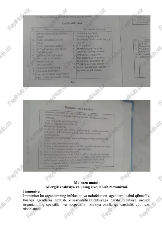 agi natijalar yig`indisidan iborat bo`ladi. allergologik anamnez yig`ishdan, spetsifik tekshirishlar (teri probasi, provakatsion va boshqa testlar) o`tkazishdan. maxsus diagnostika allergomarkazlarda o`tkaziladi. davosi medikamentoz terapiya allergik reaktsiyalarni paydo bo`lish sabablari ko`pligidan davolashda biroz qiyinchiliklar yuzaga keladi.allergik reaktsiyalar davolash quyidagi usullar bilan olib boriladi. 1) antigen-antitelo reaktsiyasining oldini olish uchun bemorni allergenlardan saqlanishni o`rgatish. bu usul etiotrop yoki eliminatsion terapiya deyiladi. 2) spetsifik immunoterapiyani o`tkazib, organizmni allergenlarga ta'sirini kamaytirish yo`llari bilan. 3) quyidagi farmopreparatlarni antiliberatorlar, ksantinlar, v - andrenomimetiklar, gistaglobulinlarni buyurib, mediatorlarning chiqishini kamaytiriladi. 4) mediatorlarni ta'sirini susaytirish maqsadida bemorlarga antimediator preparatlarni: antigistamin, antiserotonin, antikininni qabul qilish buyuriladi. 5) mediatorlarni sintezini kamaytirish uchun kortikosteroid gormonlar buyuriladi. 6) immunli komplekslar paydo bo`lishini oldini olib va ularni miqdorini organizmda kamaytirish maqsadida geparin, kortikosteroid, gemosorbtsiya buyuriladi. 7) immunoterapiya va farmapreparatlar orqali organizmni immunosistemasiga ta'sir etish. 8) somatik kasalliklarni vaqtida davolab, asoratlar qoldirmaslik kerak, chunki bular xam allergik reaktsiyalarning paydo bo`lishiga sabab bo`la oladi. giposensibilizatsion terapiya …