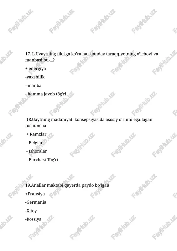 ing irqlari haqidagi fan, ya’ni... deb tushipilgan. + jismoniy antropologiya - pedagogik antropologiya - biologik antropologiya - falsafiy antropologiya 60.antropologiya fani tarmoqlarini toping + barcha javoblar to’g’ri - ijtimoiy antropologiya, tarixiy antropologiya -siyosiy antropologiya, biologik antropologiya -madaniy antropologiya, diniy antropologiya 61.inson zoti va uning ajdodlarini o‘rganuvchi fan + antropologiya - tarix -fizika -sotsiologiya 62.antropologik m a’lumotlar, qarashlar, nazariya, aniqlash usullari, baholash va zamonaviy ijtimoiy muammolami yechish bilan shug‘ullanadigan tarmoq +amaliy antropologiya -arxeologik aptropologiya -biologik antropologiya -madaiiy aptropologiya 63.inson xulq-atvorini madaniyatning moddiy buyumlari vositasida tadqiq qiladi +arxeologik aptropologiya -biologik antropologiya -amaliy antropologiya -madaiiy aptropologiya 64.insoning biologik turlanishini vaqt va makon sharoitida o‘rganish; evolutsiya, irsiyat, insoning o‘sishi va rivojlanishi hamda primatologiyani o‘z ichiga qamrab oladi. +biologik antropologiya -madaiiy aptropologiya -arxeologik aptropologiya -amaliy antropologiya 65.inson jamiyati va madaniyatini o‘rganish; madaniy o‘xshashliklar va tafovutlarni tasvirlaydi, tahlil etadi va izohlab beradi. +madaiiy aptropologiya -arxeologik aptropologiya -amaliy antropologiya -biologik antropologiya 66.madaniy, arxeologik, biologik va lingvistik antropologiyani …