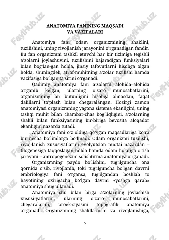ini aniqlash, tanlangan sport mutaxassisligida sport natijalarini oldindan bashorat qila bilish, «sport talantiga» ega bo’lgan o’smirlarni selektiv tanlashni o’z vaqtida o’tkazish, to’g’ri trenirovka jarayonini tashkil etish, turli harakatlar texnikasi samaradorligini oshirish va boshqa jismoniy tarbiya va sportning muammolarini hal etishda yordam beradi. anatom iyani o’rganish usullari anatomiya fani o’zining tarixiy rivojlanish davrida odam tanasining tuzilishini o’rganishda turli xil usullarni ishlab chiqqan. har bir usul ma’lum bir tarixiy davrda ishlab chiqilgan bo’lib, o’sha davrga xos bo’lgan fanning taraqqiyot darajasiga muvofiqdir. hozirgi zamon morfologik usullarni 2 guruhga bo’lish mumkin. birinchi guruh usullaridan murda ustida o’rganilganda foydalaniladi. ikkinchi guruh usullar texnika vositalaridan foydalangan holda tirik odam organizmini o’rga-nishda qo’llaniladi. birinchi guruh usullari quyidagilar: 1. kesib ochish usuli – qadimiy usullardan biri bo’lib, birinchi marta gerofil va erazistrat tomonlaridan qo’llanilgan. bu usulni andre vezaliy yuqori darajada rivojlantirgan. kesib ochish usulining asosiy vositalari – bu pichoq, skalpel va arra bo’lishi mumkin. kesib ochish usuli yordamida …