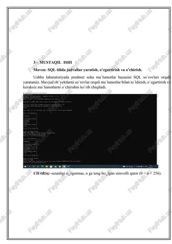 maxsus simvollardan tashkil topadi: _ (tagiga chizish belgisi) – bitta ixtiyoriy simvolni bildiradi; % (foiz belgisi) – ixtiyoriy miqdordagi simvollar ketma – ketligini bildiradi. select id_st, surname from student where surname like 'a%' ishni bajarish tartibi 6- mustaqil ishi mavzu: ma’lumotlarni saralash. where standart so’zidan foydalanish ishdan maqsad: ma`lumotlar bazasiga so`rovlar tizimini yaratish, saralash va where standart so`zidan foydalanishni o`rganish va ko`nkmaga ega bo`lish. masalani qo`yilishi: loyihalanayotgan ma`lumotlar bazasiga so`rovlar tizimini tuzish va uni relyatsion sxema ko`rinishida tasvirlash. so`rovlar tizimi orqali kerakli ma`lumotlarni ajratib olish va saralash. uslubiy ko`rsatmalar: ma`lumotlar bazasi(mb) buyurtmachisi bilan birgalikda, ma`lumotlar bazasiga so`rovlar tizimini ishlab chiqish zarur. ishlab chiqilgan so`rovlar tizimi relevant yaratilgan ―mohiyat-aloqa‖ modeliga va buyurtmachi talablarini maksimal darajada qondirish kerak. agar buyurtmachi qo`ygan talablarga qurilgan ―mohiyat-aloqa‖ modeli so`rovlar tizimi to`la qanoatlantirmasa, unda predmet sohani qo`shimcha o`rganib va tahlil qilib, ―mohiyat-aloqa‖ modeli kerakli elementlar, bog`lanishlar va munosabatlar bilan to`ldiriladi. so`rovlar tizimini ma`lumotlar bazasidan foydalanuvchiga beriladigan …
