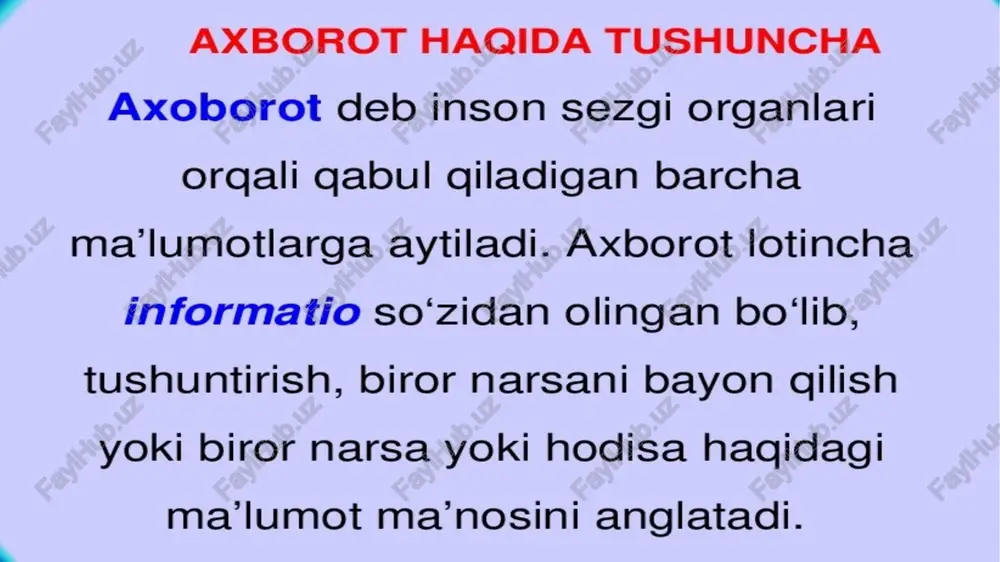yordamida axborot kabutarlar o’qituvchi yordamida axborot tizimlari axborot tizimi tushunchasini kiritishdan oldin tizim (sistema) deganda nimani tushunishimizni aniqlab olaylik. tizim (sistema) deganda, yagona magsad yo'lida bir vaktning o’zida ham yaxlit, ham o’zaro bog’langan tarzda faoliyat kursatuychi_ elementlar (ob’ektlar) majmuasi tushuniladi. demak, xar qanday tizim biror-bir anik maqsad yo'lida xizmat qiladi. axborot tizimi - belgilangan maqsadga erishish yo'lida axborotni yig’ish, saqlash, qayta ishlash va uzatish uchun qo’llaniladigan usullar, vositalar va shaxslarning o’zaro bog’langan majmuasidir. kompyuter tizimi axborot tizimi telekommunikatsiya tizimi korxona tizimi sezish a’zolari, turli asboblar va hokazolar yordamida qayd etiladigan tashgi dunyo dalillari ma’lumotlar deb ataladi. ma‘lumotlar aniq vazifalarni hal etishda zarur va foydali deb topilsa — axborotga aylanadi. masalan, qog'ozga telefon raqamlarini ma’lum tartibda yozib, birovga ko'rsatsangiz, u buni ma'lumot sifatida qabul giladi. biroq ana shu’har bir telefon raqami qarshisiga muayyan korxona yoki tashkilot nomi, uning faoliyat turi yozib qo'yilsa, avvalgi ma'lumot axborotga aylanadi. yn opm arya y ra …