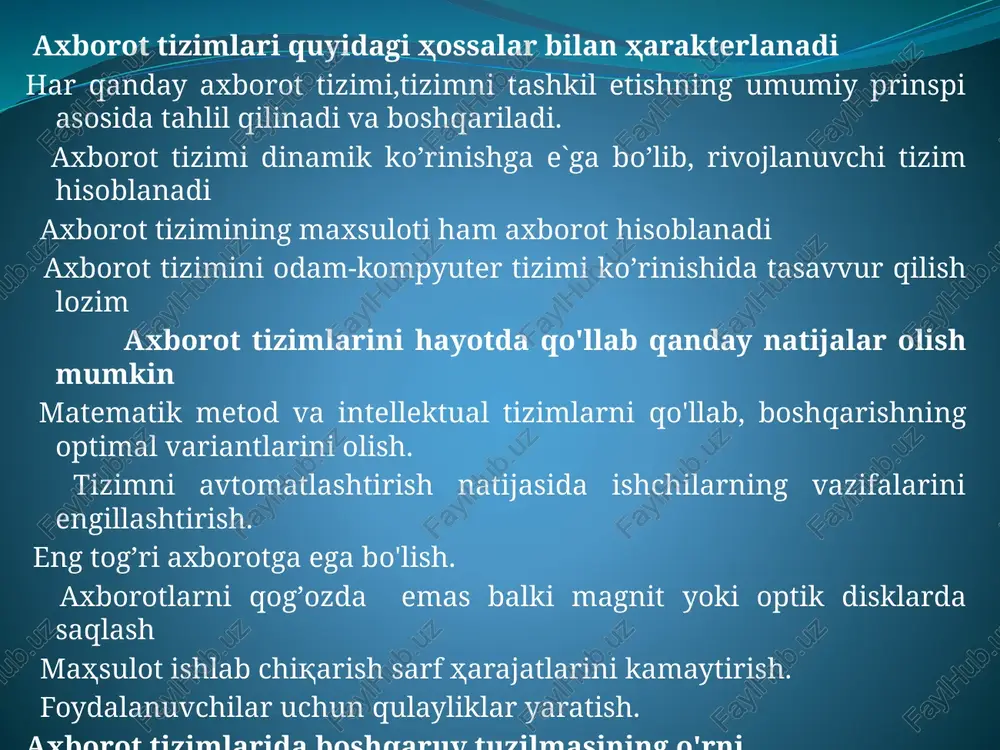 aridan oqilona foydalangan holda uning bir maromda va rejali ishlashini ta'minlashga yo'naltirilgan bo'ladi. texnik vositalar yordamida faqat axborot operatsiyalarini avtomatlashtirishga erishiladi. bevosita 9 qarorlar qabul qilish funksiyalarini va boshqa boshqaruv operatsiyalarini odamning o’zi bajaradi. shuning boshqaruv tizimlari odatda alohida xizmatlar va korxona rahbariyatiga turli ma’lumotlar va hisobot shakllarini berishga yo’natirilgan bo’ladi. demak, boshqaruv tizimlari bir vaqtning o’zida axborot-ma’lumot tizimlarining vazifalarini ham bajaradi. bu tizimda so’rovlar odatda doimiy va reglamentli xarakterga ega bo’ladi. axborot tizimi bu so’rovlarni amalga oshira borib, nazorat qilinadigan jarayonlarning holati to’g’risidagi axborotga muntazam ravishda (har kuni har hafta va h.k) ishlov berish natijasida ma’lumot shakllarining muayyan ro’yxatini beradi, shuningdek boshqa turdagi so’rovlarga ham xizmat ko’rsatadi. axborot-hisoblash tizimlarida saqlanayotgan axborotdan turli hisoblash operatsiyalari bilan bog'liq vazifalarni hal qilish uchun foydalaniladi. bunday vazifalarga statistik hisobot va tahlil, ob-havo va konlarni prognozlash, tashhislash (kasalliklarga tashhis qo'yish, uskunalarning nosozliklari sabablarini aniqlash) kabilar kiradi. avtomatlashtirilgan loyihalash tizimlari (alt) doirasida ishlaydigan axborot tizimlarini …
