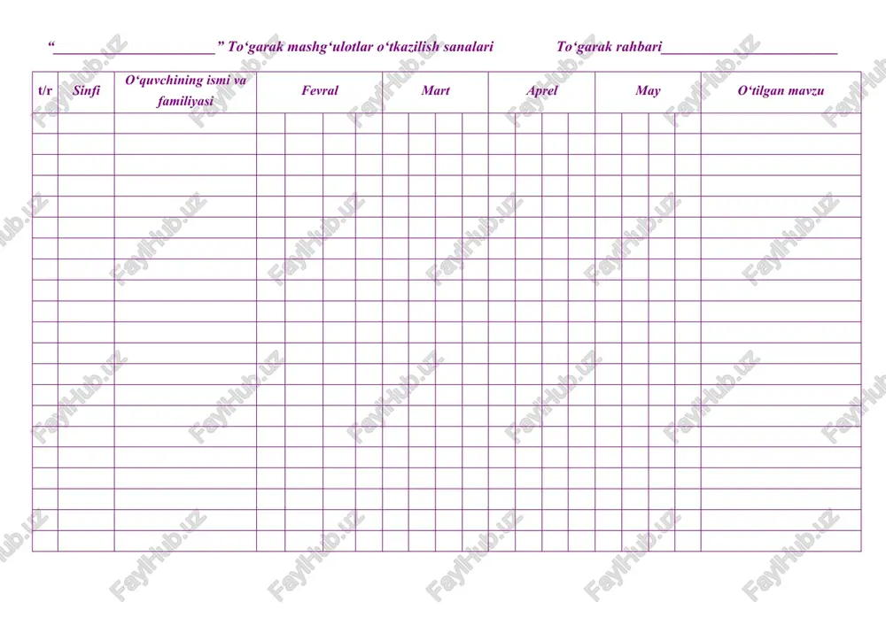 k.alarning qarshiligi; 5. aralash mashqlar. kuchni rivojlantirish mashqlari anatomik belgiga ko‘ra quyidagicha tasniflanadi: 1. ko‘l va elka mushaklari kuchini; 2. oyoq va gavda mushaklari kuchini; 3. oyoq va tos belbog‘i mushaklari kuchini rivojlantirishga. kuchni rivojlantirish uslublari: 1. takrorlanuvchi sa’y-harakatlar uslubi: a) mashq turini ma’lum marotaba bajarish yoki; a) “kuch kolmaguncha” hisobsiz marotaba bajarish; 2. dinamik sa’iy-harakatlar uslubi: ma’lum vaqt ichida imkon qadar ko‘p marotaba; 3. statistik sa’y-harakatlar uslubi: muayyan tana holatini ma’lum vaqtgacha ushlab turish; 4. maksimal sa’iy-harakatlar uslubi: mashqlarni maksimal darajadagi og‘irlik bilan bajarish. yakuniy qismi: yangi mashg‘ulotni mustahkamlash: o‘tilgan mavzu yu zasidan o‘quvchilarni savollariga javob beriladi ularga badiiy gimnastika haqida ol ayotgan bilimlari va tushunchalari haqida so‘ralib bir birlari bilan tasurotlarini o‘rtoqlashadilar o‘quvchilarni rag‘batlantirish, mashg‘ulotni yakunlash: mashg‘ulot yakunida, mashg‘ulotda faol qatnashgan o‘quvchilarni rag‘batlantirish, mashg‘ulotni yakunlash. maktab mmibdo‘______ _________________sana______ __________________ 20__yil sana: “__” ___________ 20__-yil. sinflar: ____.to‘garak rahbari:_________________ mashg‘ulotning mavzu: sakrovchanlik va uni rivojlantirish uslubiyati mashg‘ulotning usuli: amaliy va …