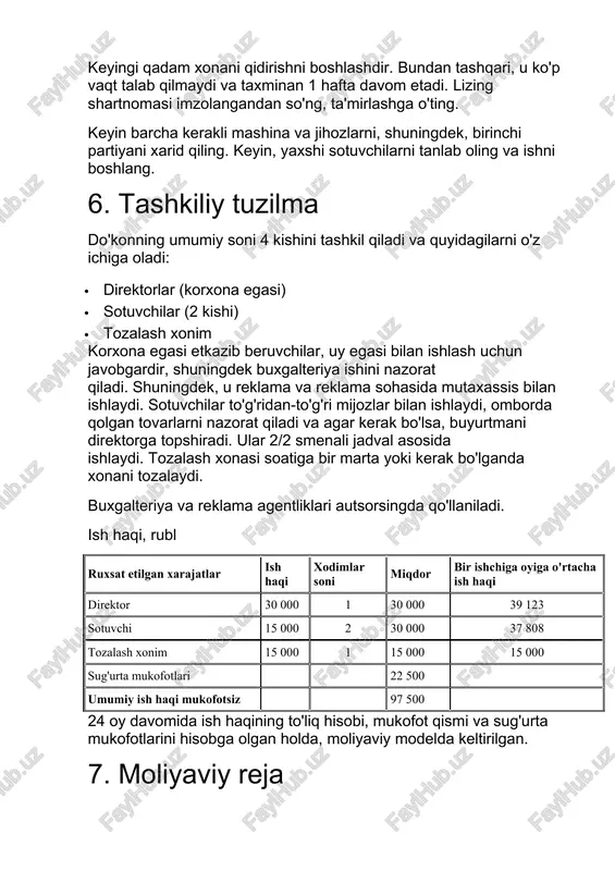 qiymati 83 000 rublni tashkil qiladi. ulardan eng qimmat sotib olish 4 ta javon sotib olishdir - 28000 rubl. yana 20000 rubl kompyuter sotib olishga ketadi. ochish uchun investitsiyalar, rub. investitsiyalarni ochish ro'yxatdan o'tish, shu jumladan barcha ruxsatnomalarni olish 10 000 ta'mirlash 60 000 signboard 15 000 reklama materiallari 20 000 ta'mirlash vaqtida ijaraga oling 60 000 uskunalarni sotib olish 83 000 tovarlarni dastlabki sotib olish 156 800 boshqalar 15 000 jami 419 800 ochilishning umumiy qiymati 419,800 rubl. eng katta xarajatlar tovarlarni dastlabki sotib olishga sarflanadi - 156,800 rubl, shuningdek 2 oy davomida ta'mirlash va ijaraga olish - har bir xarajat moddasi uchun 60 000 rubl. oylik xarajatlar, rub. oylik xarajatlar foto (chegirmalar bilan birga) 148 551 ijaraga (30 kv.m) 30 000 kommunal xizmatlar 5 000 reklama 30 000 buxgalteriya hisobi (masofaviy) 5 000 tovarlarni sotib olish 536 667 favqulodda holat 15 000 jami 773 907 oylik xarajatlar miqdori …