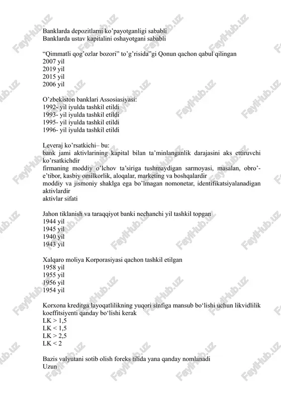 ari kreditlashning qaysi shaklida kredit uchun foiz uskunalar qabul qilib olingandan so‘ng amalga oshiriladi faktoring forfeyting lizing kontokorrent kreditlashning qaysi shaklida mijozning joriy hisobraqami nafaqat saqlanadi, balki unda debetli qoldiq bo‘lishiga ruxsat etiladi konsortsial kredit kontokorrent revolverli kredit overdraft kreditlashning qaysi shaklida tovar hujjatlari regress huquqi bilan sotib olinadi faktoring lizing forfeyting kontokorrent qaysi koeffitsientlardan biri qarz oluvchining o‘z mablag‘lari bilan ta’minlanganlik darajasini ifodalaydi mijozlarning kreditga layoqatligini baholash koeffitsienti tezkor likvidlilik koeffitsienti moliyaviy leveraj koeffitsienti joriy likvidlik koeffitsienti qaysi kredit turida qaytarish grafigi mavjud emas revolverli krediti sinditsiyali kontokorrent lombard krediti qaysi hisobraqam saldosi debetli va kreditli bo‘lishi mumkin kontokorrent overdraft konsortsial kredit ipoteka krediti moliya institutining, shu jumladan, bank, sug‘urta kompaniyasi qarz oluvchining bank oldidagi majburiyatlarini, u to‘lovga noqobil bo‘lib qolganda, to‘lab berish to‘g‘risidagi roziligi nima deb ataladi kafolat kafillik garov zakalat mavjud qonunchilikka ko‘ra,bankning kredit siyosati qaysi muddatda ishlab chiqiladi har yili har chorakda har oyda ikki yilda …