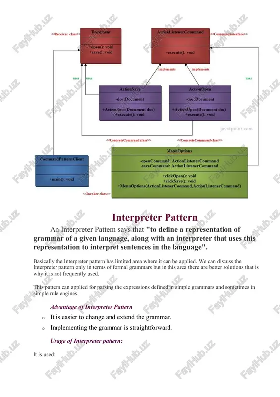 is also used in database transactions. uml for memento pattern: memento: · stores internal state of the originator object. the state can include any number of state variables. · the memento must have two interfaces, an interface to the caretaker. this interface must not allow any operations or any access to internal state stored by the memento and thus maintains the encapsulation. the other interface is originator and it allows the originator to access any state variables necessary to the originator to restore the previous state. originator: · creates a memento object that will capture the internal state of originator. · use the memento object to restore its previous state. caretaker: · responsible for keeping the memento. · the memento is transparent to the caretaker, and the caretaker must not operate on it. observer pattern an observer pattern says that "just define a one-to-one dependency so that when one object …