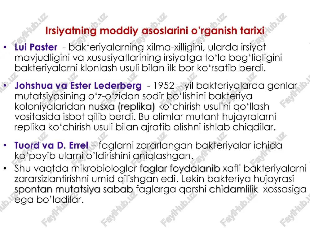 ng s-shtammidan gqandaydir modda r-shtammga o'tishi natijasida r-shtammning ayrimlari s-shtammga aylangan, ya'ni transformatsiya hodisasi ro'y bergan. lekin f. griffits s-shtamm bakteriya larning qanday moddasi irsiy axborotni tashib yurishini bila olmagan. 1944-yilga kelib o. eyveri, k. makleod va m. makkarti griffits tajribasini qaytadan takrorladilar va s-shtammida uning patogenlik xususiyatini tashib yuruvchi dnk ekanligini ma’lum qildilar. transduksiya bitta bakteriyalar hujayrasidan ikkinchisiga faglar orgali genlarning o'tishiga transduksiya deyiladi. faglar orgalli ikkinchi bakteriya hujayrasiga o‘tgan genlar bu bakteriyaning irsiyatini o'zgartiradi. bu kashfiyotga gadar fag bakteriyaga kirganda, bakteriya hujayrasini lizis gilishi ma’lum edi, ya’ni olimlar faglar bakteriyalarga kirio fagqat ularni o'ldirib chigib ketadi deb o’ylashar edi. keyinchalik ma’lum bo’'ldiki faglar har doim ham hujayrani o’ ldirio chigib ketavermay balki ulardagi ba’zi genlarni “o’g’irlab” chiqib ketar ekan. bu jarayon faglarning litik reaksiyasi deb ataladi. bunda bakteriya hujayrasiga kirgan faglar 37°c da, 15-60 dagiqa ichida litik siklga kiradi. transduksiya hodisasi birinchi martta 1952-yilda n. jinder va f. …