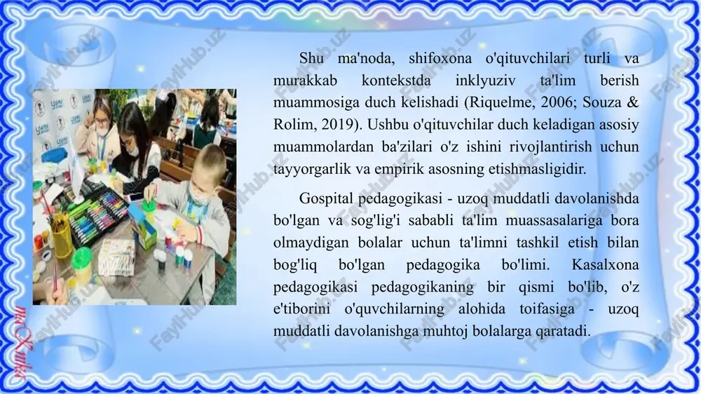 . inson huquqlari umumjahon deklaratsiyasi; 2. bola huquqlari to'g'risidagi konventsiya; 3. ta'limda kamsitishlarga qarshi konventsiya 4. bmtning nogironlar huquqlari to'g'risidagi deklaratsiyasi; 5. nogironlar uchun jahon harakat dasturi; 6. “alohida ehtiyojli shaxslar ta’limi sohasidagi tamoyillar, siyosat va amaliyotlar to‘g‘risida”gi deklaratsiya. rossiyadagi shifoxona pedagogikasi t. a. golikova va s. v. sharikov. 1 sentyabr bayrami. nomidagi milliy tibbiyot tadqiqot markazi qoshidagi “biz o'rganamiz” maktabi. dima rogachev "uzoq muddatli davolanishga muhtoj o'quvchi" tushunchasi uzoq muddatli davolanayotgan va sog'lig'i sababli ta'lim muassasalariga bora olmaydigan bolalarning ta'limini tashkil etish bo'yicha uslubiy tavsiyalarga kiritilgan va qayd etilgan. bunday talaba quyidagilar deb e'tirof etiladi: asosiy va qo'shimcha umumiy ta'lim dasturlarini o'zlashtirgan, tibbiy tashkilotning xulosasiga ko'ra, ro'yxatga muvofiq tibbiy muassasalarda yoki uyda 21 kundan ortiq davolanayotgan yoki tibbiy reabilitatsiyadan o'tayotgan talaba. mavjudligi asosiy umumiy ta'lim dasturlarida uyda o'qish huquqini beradigan kasalliklar yoki boshqa qonuniy sabablarga ko'ra uyda o'qiyotgan bola. "uzoq muddatli davolanishga muhtoj o'quvchi" tushunchasi uzoq muddatli davolanayotgan va …