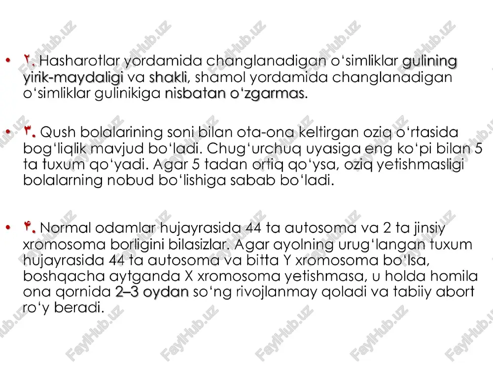 harli (qo’lansa) suyuqlik ajratgani uchun qushlar ularni cho‘qimaydilar. mimikriya dushmanlari tomonidan ko'p giriladigan hayvonlar tanasining rangi, shakli bilan «oegohlantiruvchi rangli» organizmlarga taqlid qilishi mimikriya deyiladi. g'o'ng’illovchi pasha v araa taalid ciladi oynasimon kapalak oddly ariga taqlid qilaci belyanka kapalagi — zaxarli glekonus kapalagiga suv iloni — zaxarli korall aspidiga suvaraklar — zaxarli xon qizi qo'ng’iziga rang va shakl jihatidan taqglid gilish faqat organizmlargagina emas, hatto tuxumlarga ham xos. masalan, kakku qush urchishi uchun boshqa qushlar singari in qurmaydi va tuxumini mayda qushlar: qorayaloglar, | jiblaji bonlar, > inlariga go'yadi. bulbul, sirchumchuqlarning —~ eng muhimi shundan iboratki, kakku tuxum qo'yishdan oldin ana shu qushlarning inlaridagi tuxumlarni ko‘rib ularga taqlid gilib tuxum qo'yadi va uning qo‘'ygan tuxumlarining rangi, hajmi_ in egalarining tuxumlariga o'xshash bo'ladi. chalg’ituvchi rang bunday hayvon tanasi dog'lar va olachipor yo'llar bilan qoplangan bo'ladi. bu dog'lar, olachipor yo'llar dushmanning diqqate 'tiborini chalg‘itadi. zebra jirafalar rangi bunga misol bo'ladi fiziologik moslanish …