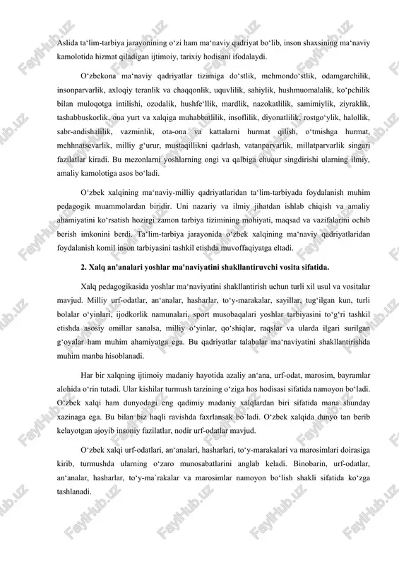 hatti-harakat, odob-axloqqa o‘rgatishda muhim manba bo‘lib, yoshlarda ma‘naviy madaniyatning shakllanishiga ijobiy ta‘sir ko‘rsatadi. milliy an‘analarni yoshlar ongiga singdirish orqali ularda ma‘naviy- axloqiy sifatlarni shakllantirish yo‘li bilan bir qatorda milliy an‘analarimizga, qadriyatlarimizga hurmat va shu qadriyatlardan o‘zlarining kundalik hayot va faoliyatlarida qo‘llay olish malakalari bilan mustahkamlanib boriladi. ayniqsa, yoshlarda ma‘naviy, axloqiy, estetik madaniyatning kurtaklari shakllanadi. zero, ta‘lim-tarbiya jarayonida xalq milliy qadriyatlarida foydalanish biz tadqiq etayotgan muammo nuqtai- nazari bilan birinchidan, talabalarda ma‘naviy madaniyat sifatlarining shakllanishida, ikkinchidan, talaba yoshlarda milliy madaniy merosimizga nisbatan ijobiy yondashuvning qaror topishida, uchinchidan, esa tadqiqot maqsadi sanalgan talabalar ma‘naviyatini rivojlanishida zaruriy omil bo‘lib xizmat qiladi. xalq pedagogikasida o‘zbek xalqining ibratomuz, ayniqsa, yoshlarni har tomonlama tarbiyalashda katta ta‘sir eta oladigan urf-odatlari, an‘analari, marosim va rasm-rusmlari borki, bularni bugungi kunda talabalarning ongiga, hayot tarziga singdirish milliy qadriyatlarimizni yana qayta tiklash demakdir. zero, yetmish yillik sobiq ittifoq tuzumi davrida milliy an‘analarimiz o‘rniga g‘arb, ovro‘pa va rus madaniyatiga hos an‘analarni xalq …