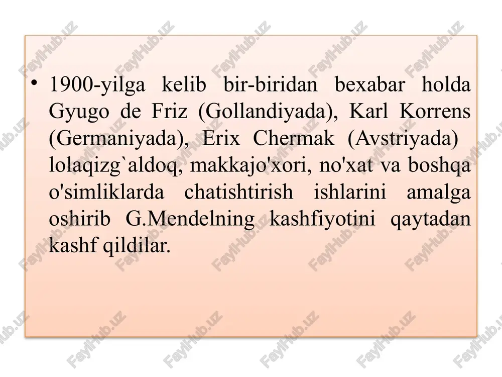 ohada izlanish olib borgan olimlar ishidan asosiy farqi, tajriba o'tkazayotgan obyektining bir nechta belgilarini emas, balki 1ta belgisining irsiylanishini kuzatishdan boshlagan va shu asosda o'zining qonunlarini yaratgan. u dastlab qizil gulli noxat navini oq gulli no'xat navi bilan chatishtirib birinchi avlodda (fda qizil gulli no'xatlarni oladi. demak, bu yerda qizil rangni yuzaga chiqaruvchi gen oq rangni yuzaga keltiruvchi gendan dominantlik qiladi va bu belgi dominant belgi, yuzaga chiqmagan belgi esa retsessiv belgi deyiladi. mendelning 1-qonuni - dominantlik qonuni yoki, birinchi bo‘g‘inda bir xillilik qonuni deb ataladi. p (ota-ona) aa x aa bb x bb qizil oq sariq yashil gametalar a a v b f(1 avlod ) aa bb qizil sariq yuqoridagilardan ko'rinib turibdiki, f1 da fenotipik va genotipik jihatdan bir xil avlod olingan. mendel mana shu olingan f1 avlodni yana o'zaro chatishtirib ko'radi. p (ota-ona) qizil aa x aa qizil gametalar a a x a a f2 aa qizil, aa …