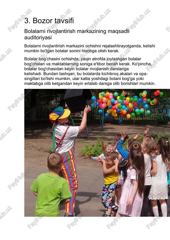 anishlari uchun sizning markazingizni tavsiya qilishadi. 4. savdo va marketing bolalar markazining asosiy va birinchi mijozlari qo'shni uylarning bolalari bo'lgan ota-onalar bo'ladi. shuning uchun reklama kampaniyasi atrofdagi hovlilardan boshlanishi kerak. ishning birinchi bosqichida mijozlarni jalb qilish uchun siz standart reklama usullaridan foydalanishingiz mumkin: · reklama joylashtirish; · reklama varaqalari tomonidan shahar ko'chalarida, savdo markazlarida va pochta qutilarida (avtoulovlarni tozalash vositalarida) tarqatish. ikkinchi bosqichda, yosh bolalar bilan o'zingizni imkon qadar ko'proq ota-onalarga e'lon qilishingiz kerak. buning uchun quyidagilardan foydalanishingiz mumkin: · tashqi reklama (bannerlar, e'lonlar taxtalari); · radioda reklama qilish (radio to'lqinlari ommabop bo'lishi kerak); · bosma reklama; · ommaviy axborot vositalarida reklama joylashtirish ajoyib reklama qilish vositasi instagram-da, vkontakte guruhida va babyblog-dagi postda ozuqani saqlab turishdir. sinflarning barcha turlari to'g'risida ma'lumot berish, shuningdek ularning narxini ko'rsatadigan jadvalini tuzish kerak. shuningdek, darslar va mahorat darslarining fotosuratlari va videolarini muntazam ravishda yuklab olish, chegirmalar va aktsiyalar haqida ma'lumot yuklash kerak. bolalar markazining …
