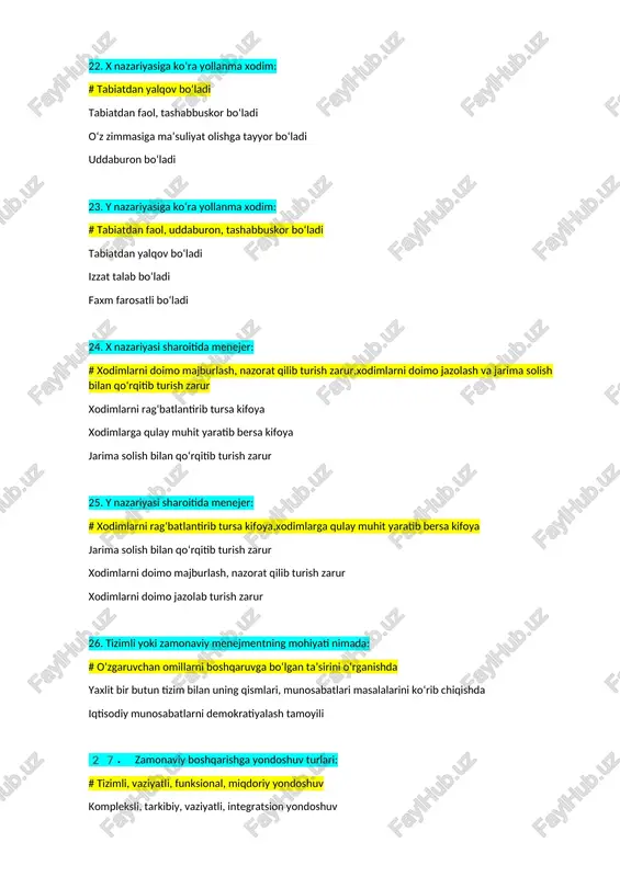adorlik butun xalq xo‘jaligi tizimidagi murakkab xo‘jalik mexanizmi pala-partish xodisa bo‘lmay, balki yagona qonuniyat bilan xarakatlanuvchi jarayon har biri alohida aniq va katta tavsiflar beruvchi o‘zaro bog‘liqlik 35. boshqarishga tizimli yondoshuv deganda: # xo‘jalik yuritishning barcha bo‘g‘inlarida boshqarishni tashkil etish mantiqi masalani aniq qo‘yilishi va maqsadli boshqarishni shakllantirish maqsadni miqdoriy baholash, yutuqlarga erishish uslublari va vositalari qo‘yilgan masalani yechilishi tufayli eng katta samaraga erishish 36. tizimni boshqarish-bu: # tizimni tashkil etuvchi elementlarga nisbatan amalga oshirilgan maqsadga yo‘naltirilgan boshqarish faoliyati har biri alohida aniq va katta tavsiflar beruvchi o‘zaro bog‘liqlik qonunlar bilan harakatlanuvchi jarayon odamlarga maqsadli ta’sir etish jarayoni 37. ishlab chiqarishni boshqarish deganda: # ishlab chiqarish doirasida amalga oshiriladigan rahbarlik, tashkilotchilik va ma’muriy xarakterdagi alohida faoliyat tushuniladi buyumlarni iste’molchilar talabiga mos keluvchi sifat tasniflari bilan ishlab chiqarishni ta’minlovchi, maqsadga qaratilgan faoliyat tushuniladi korxona doirasida amalga oshiriladigan rahbarlik, tashkilotchilik, ma’muriy xarakterdagi alohida faoliyat tushuniladi korxonada band bo‘lgan kishilar salohiyatini rivojlantirish va …