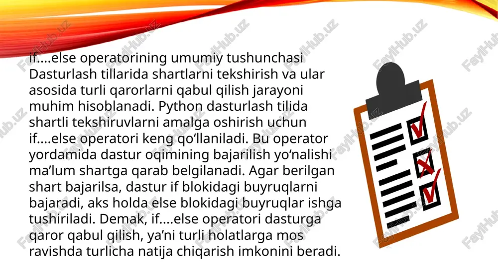 chun zaruriy bilim hisoblanadi. image2.png image3.png image4.jpeg image5.png image6.png image7.jpeg image8.jpeg image9.jpeg image10.jpeg image11.jpeg image1.png else if sharti: yosh = 18 # agar shartl true bo'lsa, bu kod ishlaydi . elif sharti: liyeain < 1s # agar shartl false va shart2 ---print("siz yoshsiz’) true bo'lsa, bu kod ishlaydi elif yosh == 18: else: ....print("siz 18 yoshsiz") # agar barcha shartlar false | | else: bo'lsa, bu kod ishlaydi : . . o1beh sd sci ene! ....print("siz katta yoshdasiz’) elif sharti (rosh x = int(input(“yoshingizni kiriting = ”)) if sharti x<18 siz 18 yoshdasiz tugadi else |sharti siz katta yoshdasiz we — \ e’tiboringiz e or uchun 2g /docprops/thumbnail.jpeg — if....else operatori yordamida shartni tekshirish e__