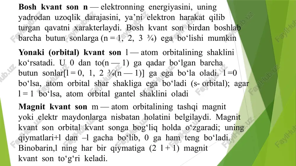 un n +l= 4 holatlarning elektronlar bilan to‘lib borishi nihoyasiga yetadi; shu bilan birga, n + l = 4 ga muvofiq keladigan n = 4(l = 0) holatlar bo‘shligicha qoladi. ularning soni ikkiga teng. ular keyin keladigan elementlarda to‘ladi. shuning uchun kaliy(z = 19) va kalsiy (z = 20) quyida keltirilgan konfiguratsiyaga ega bo‘ladi: foydalanilgan adabiyotlar; https://library.samdu.uz/files/1d7a8f4b5bcb0fe2f47bfadfde5c3804_kimyo.pdf s. masharipov, i. qirkashevlarning kimyo fani kitobi image1.png image2.png image3.png image4.png image5.png image6.png image7.png image8.png image9.png image10.png image11.png image12.png image13.png image14.png image15.png image16.png image17.png 1s? 2s! be 2s? 1s? nw ny — be* 2s! 1s? 2p* 1822822p! yoki 2s? is? nn vt 2p 1) 18°2s°2p,!2p,! yoki 2s? 1s? a 2p 2) 15?2s?2p! 2p,!2p/! yoki 2s? 2p it 3) 1s? 2s? 2p? 2p,! 2p,! yoki 2s 1s? nn n 2d,» 2p. 2 “py “pz pd. uchinchi davr elementlarida energetik holatlarning elek- tronlar bilan to‘lib borishi xuddi ikkinchi davr element- laridagi kabi amalga oshadi: na …