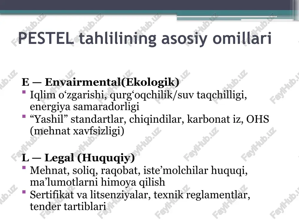ladi: innovatsiya, mahsulot sifati, a’lo darajadagi mijozlarga xizmat, brend yaratish va mahsulotning o‘ziga xos xususiyatlariga urg‘u berish orqali misollar: apple’ning o‘ziga xos mahsulotlari yoki virgin atlantic aviakompaniyasining noyob mijozlar tajribasiga bo‘lgan e’tibori fokus (niche strategy) maqsad: keng bozorni emas, balki tor, aniq bir segmentni maqsad qilib olish qanday amalga oshiriladi: bu strategiya ikki kichik turga bo‘linadi: narx bo‘yicha fokus (cost focus): aniq segmentni eng past narx bilan ta’minlash. differensiallash asosidagi fokus (differentiation focus): tor segmentning maxsus ehtiyojlariga mos noyob mahsulot yoki xizmatlar taklif qilish. misollar: flexjet kompaniyasi – faqat tor doiradagi mijozlarga mo‘ljallangan maxsus xususiy reyslarni taklif etib, muvaffaqiyatli fokus strategiyasini amalga oshirmoqda. e’tiboringiz uchun rahmat! image2.png image3.png image4.png image5.png image6.png image7.png image8.png image9.png oliticales pestel analysis nvironmental = — -conomic ocial bi \ taal foor resery so maninane ™ echnological international taxation import resrcions political water sourcing ligation and legal clams economic currency fluctuations changing consumers’ preferences environmental social …