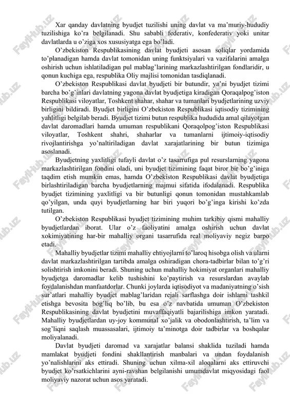ashkilotlarni mablag’ bilan ta’minlash mexanizmini soddalashtirish va byudjet mablag’laridan foydalanishda yuqori natijalarga erishish maqsadida mavjud mablag’larni oqilona taqsimlash uchun shart-sharoitlar yaratish; - byudjet tashkilotlari xodimlari mehnatini rag’batlantirish, ular faoliyati samaradorligini oshirish va kadrlarning o’rnashib qolishi uchun shart-sharoitlar yaratishlar orqali olib borilmoqda. bundan tashqari, mablag’ bilan ta’minlash byudjet ijrosi jarayonida xarajatlar ro’yxati va smetasiga kiritiladigan o’zgartirishlarni hisobga olgan holda tegishli yil uchun tasdiqlangan byudjet parametrlariga hamda byudjet tashkilotlarining xarajatlar smetalariga muvofiq tuzilgan byudjet xarajatlarining choraklar bo’yicha taqsimlangan yillik ro’yxatiga binoan amalga oshiriladi. davlatning ijtimoiy-iqtisodiy taraqqiyotini ta’minlashda byudjetdan foydalanish maxsus mezonlar yig’indisi mavjud bo’lishini taqozo etadi. bunday yuridik mezonlar moliya xuquqining mustaqil bo’limini tashkil etadi. byudjet huquqi moliyaviy tizimning tarkibiy bo’lagi sifatida byudjetni vujudga keltirish, taqsimlash xamda foydalanish yuzasidan vujudga keluvchi ijtimoiy munosabatlarni tartibga soladi. 15.2. byudjetni tuzish bo’yicha taftishning sub’ektlari, ob’ektlari va predmeti. byudjet xuquqi mazmuni jumlasiga qo’yidagilar kiradi: - o’zbekiston respublikasining byudjeti tuzilishi va byudjet tizimlari sohasidagi munosabatlar; - o’zbekiston …