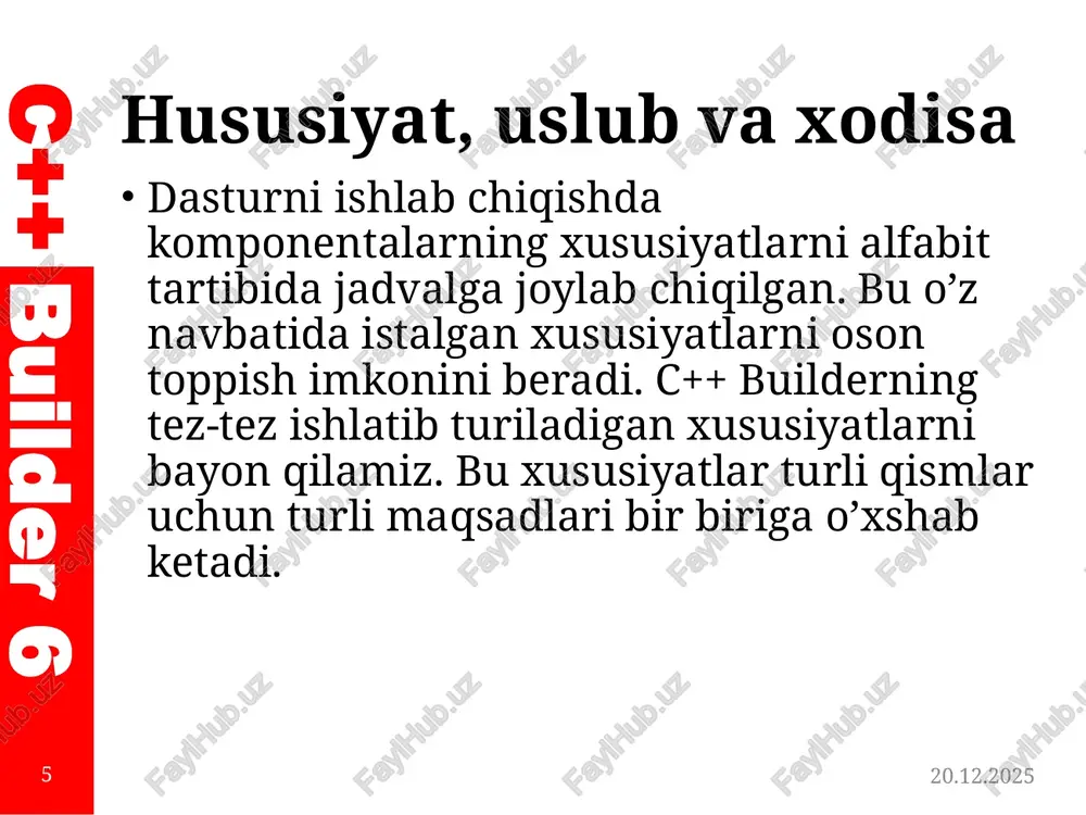 nidan so’ng shu ob’yekt yordamida qandaydir ma’lumotlar qayta ishlanadi. masalan, ruchkani oladigan bo’lsak, ruchka bu ob’yekt, uning xodisasi biron–bir boshqa ob’yektning ustida xarakatidir. 16.04.2020 17 c++ builder 6 hususiyat, uslub va xodisa ob’yektga yo’naltirilgan dasturlash tillarida xodisani ajratib olish uchun xodisaning nomi oldiga on so’zi qo’shilgan. masalan, ob’yektning chertish, bosish ma’nosini anglatuvchi click xodisasi onclick deb nomlangan. xodisa (event) — bu dasturning ishi jarayonida sodir bo’ladigan voqeadir. sichqoncha tugmasini bir marta chertish– onclick, ikki marta chertish ondblclick xodisasi hisoblanadi. 16.04.2020 18 c++ builder 6 hususiyat, uslub va xodisa xodisa bajariladigan vazifasi onactivate forma bu xodisani aktivlashgan qabul qiladi oncanresize qayta o’lchash oncontextpopup context menyudan foydalanilganda onclick sichqoncha tugmani komponenta sohasida chertilganda onclose formadan chiqishdan foydalanilganda 16.04.2020 19 c++ builder 6 hususiyat, uslub va xodisa xodisa bajariladigan vazifasi oncreate ob’ekt (forma, boshqarish elementlari) yaratilganda. bu xodisalarni qayta ishlash protsedurasi o’zgaruvchilarni e’lon qilish va tayyorgarlik ko’rishda foydalaniladi. masalan boshlang’ich qiymatlarni o’rnatishda. ondblclick …