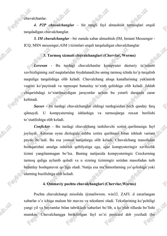 b keladi. chuvalchang masofadan boshqarishni amalga oshirish qobilyatiga ega, agar kompyuteringiz xavfsizlik tizimi yangilanmagan bo’lsa. buning natijasida kompyuteringiz creckerning tarmoq quliga aylanib qoladi va u sizning tizimingiz ustidan masofadan tuib butunlay boshqaruvni qo’liga oladi. natija esa ma’lumotlarning yo’qolishiga yoki ularning buzilishiga olib keladi. 4. ommaviy pochta chuvalchanglari (chervlar,worms) pochta chuvalchangi misolida @mailwrom. win32. zafi. d zararlangan xabarlar o’z ichiga malum bir mavzu va tekstlarni oladi. tekstlarining ko’pchiligi yangi yil va bayramlar bilan tabriklash xabarlari bo’lib, u ko’plab tillarda bo’lishi mumkin. chuvalchangga biriktirilgan fayl so’zi postcard deb yoziladi (bu tabriknoma tiliga bog’liq). chuvalchang kengaytmasi tasodiy ko’rinishda ro’yxatdan tanlanadi. masalan. bat,. com,. exe,. pif,. zip chuvalchanglarni jo’natish uchun zararlangan kompyuterdan topilgan elektron pochta addresidan foydalaniladi. chuvalchang boshqaruvni qo’lga olishi uchun foydalanuvchi tomonidan ishga tushirilishi kerak. irc worm. win32. golimber. a nomiga ko’ra irc chuvalchanglariga kiradi. ishga tushirilgan zahoti windows katalogida trlmsn. exe nomi bilan o’zini saqlaydi va bu faylni avtomatik tarzda ishga …
