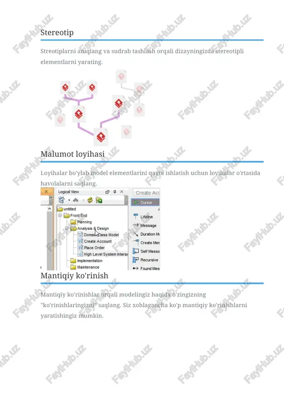 hina diagrammasi davlat mashina diagrammasi hodisalarga asoslangan tizimlar uchun muhim dizayn modelidir. yaxshi ishlab chiqilgan davlat mashinasi ob'ektlarning muhim holatlarini, shuningdek, holat o'zgarishining triggerlarini aniq ko'rsatadi, bu xatosiz holat mashinasining rivojlanishiga yordam beradi. komponent diagrammasi komponentlar diagrammasi tizimning kichik qismlari qanchalik katta qismini tashkil etishi yoki butun dasturiy ta'minot tizimlarini tashkil qilishini ko'rsatib, tizimlarning tuzilishini modellashtirish uchun ishlatiladi . joylashtirish diagrammasi uml tarqatish diagrammasi bilan dasturiy ta'minot komponentlarini jismoniy joylashtirishni modellashtiradi. joylashtirish diagrammasida apparat komponentlari (masalan, veb-server, pochta serveri, dastur serveri) tugunlar sifatida, apparat komponentlari ichida ishlaydigan dasturiy ta'minot komponentlari esa artefakt sifatida taqdim etiladi. paket diagrammasi paket diagrammalari bilan keng ko'lamli loyiha uchun modelni tartibga soling va tartibga soling. paket diagrammasi quyi tizimlar yoki modullar o'rtasidagi tuzilma va bog'liqlikni vizualizatsiya qilishda ham yaxshi. obyekt diagrammasi uml sinf diagrammalarida klassifikatorlar misollarining suratini ko'ring . sinf diagrammalariga o'xshab, ob'ekt diagrammasi prototip nuqtai nazaridan tizimning statik dizaynini ko'rsatadi. kompozit tuzilma diagrammasi sinfning …