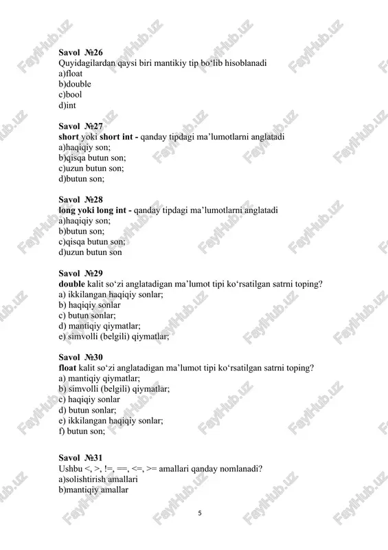 nday shartni rostlikka tekshiradi (barcha javoblarda butun sonlar nazarda tutilmoqda)? a)sonlarning kamida bittasi juft ekanligini b)sonlarning xar ikkalasi musbat ekanligini c)sonlarning xar ikkalasi toq ekanligini d)sonlarning kamida bittasi toq ekanligini savol №69 ushbu …a>0 && b>0 mantiqiy ifoda qanday shartni rostlikka tekshiradi (barcha javoblarda butun sonlar nazarda tutilmoqda)? a)sonlarning kamida bittasi juft ekanligini b)sonlarning bittasi juft va bittasi toq ekanligini c)sonlarning xar ikkalasi musbat ekanligini d)sonlarning kamida bittasi musbat ekanligini savol №70 ushbu …a =5 d)n=3 savol №89 keltirilgan dastur ekranga 12 qiymat chiqarishi uchun n ga qanday qiymat kiritilishi kerak? a)n=4 b)n=3 c)n=2 d)n=1 savol №90 keltirilgan dastur ekranga 4 4 qiymat chiqarishi uchun n ga qanday qiymat kiritilishi kerak? a)n>=5 b)n=3 c)n =5 c)n=4 d)n=2 savol №92 c++ tilida sikl operatorlarining necha xil ko‘rinishi mavjud? a)5 xil b)4 xil c)3 xil d)1 xil savol №93 ushbu dastur natijasiga mos ifodani aniqlang a)a*b b)a%b c)a/b d)a-b e)a+b savol №94 …