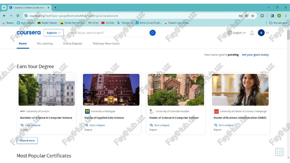 (9) aaexc © epam python @@ anmexcmapket {a yandex rasmlar: int.. mi gmail €9 youtube ©; mepesecru §§ british council engli... ge shazam: nue has... | © bee saknaakn for individuals for businesses for universiti for governments online degrees \vfindyournewcareer €&) english v ras re rustambek baltayev \y coursera | peter v | what do you want to learn? @ > browse > information technology > support and operations professional certificate - 6 course series ear a career credential that demonstrates your expertise google 4.8 % (36303 reviews) google it automation with python professional certificate learn in-demand skills like python, git, and it automation to advance your career beginner level no prior experience required 6 months at 10 hours a week flexible schedule xy taught in english | video subtitles available . . learn at your own pace instructor: google career certificates view all courses top instructor try for free: …
