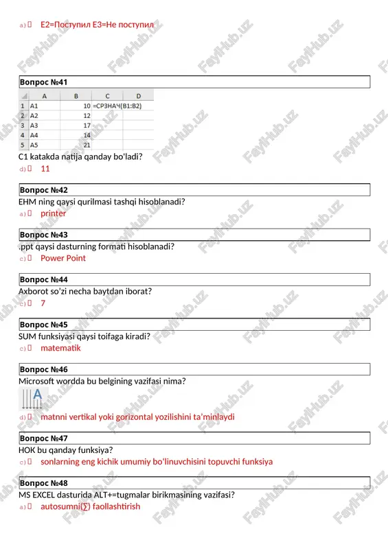 rikmasi matnni o`ng chegara buyicha tekkislaydi? d) ctrl+r vopros №86 winrar arxivatori quyidagi qaysi formatlarda ishlay oladi b) .arj .rar xamda . zip formatlarida vopros №87 excel: to’g’ri yozilgan formulani toping? a) =a1*b2-c1^2 vopros №88 ms excel 2019 versiyada «ne» qanday funksiya hisoblanadi? a) logicheskie vopros №89 arj. exe programmasi qanday vazifalarni amalga oshiriladi a) ma’limotlarni siqishtiradi o’z xoliga keltiradi va xamda winrar arxivatori yordamida ish bajaradi vopros №90 klaviaturaning qaysi tugmasi ochilgan dasturni butunlay yopib beradi? d) alt+f4 vopros №91 zamenit bu qanday funksiya? a) boshlang`ich matinning belgilangan o‘rnidan boshlab bir qismini almashtiruvchi matinga o‘zgartiradi vopros №92 enter tugmasi bosilgandan keyin natija qanday bo'ladi? c) 5 vopros №93 amaliy dasturiy ta’minot: c) ma’lum bir ish joyida aniq masalalarni echishga yordam beradigan dastur vopros №94 ms worda bu belgining vazifasi nima? d) matn rangini o’zgartiradi vopros №95 elektron jadvalda a10:b13 yacheykalar ajratilgan. ajratilgan yacheykalar soni nechta: b) 8 vopros №96 …