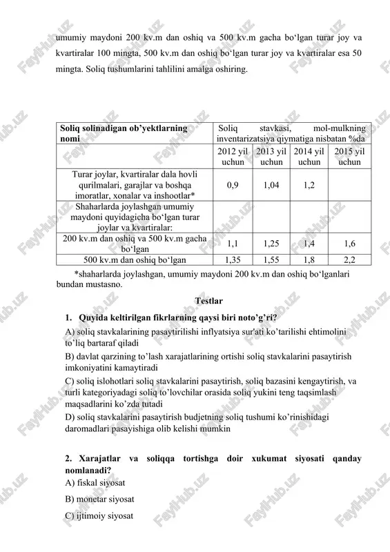 atlanish tashkilotlaridan yalpi daromad solig’i. 7. agar kichik ochiq iqtisodiyot hukumati daromad solig’ini oshirsa, unda bu mamlakatda a) investitsiyalar ko’payadi b) sof eksport ko’payadi c) muvozanatli ayirboshlash sof eksport ko’payadi kursi ko’payadi d) iste’mol ko’payadi 8. daromaddan olinadigan soliqlarga… a) jismoniy shaxslarning daromadidan, huquqiy shaxslarning daromadidan b) er osti boyliklari kiymatidan olinadigan soliqlar c) qishlok xo’jalik tovar ishlab chikaruvchilarning yagona er solig’i d) avtomobil mashinalarini qayta sotish solig’i 9. to’g’ri soliqlarni kim to’laydi? a) bevosita soliq to’lovchilarning o’zi b) mahsulot yuklab yuboruvchilar c) aksiz soliq to’lovchilar d) qqs to’lovchilar 10. egri soliqlarni kim to’laydi a) mahsulot yuklab yuboruvchilar b) bevosita soliq to’lovchilarning o’zi c) yer solig’i to’lovchilar d) mol-mulk solig’i, yer solig’i image1.wmf oleobject1.bin mps mpc g y 1 1 1 = - = d d davlat byudjeti. byudjet - soliq siyosati masalalarni yechilishi bo‘yicha namunalar 1 - masala 2000 yilda yaim – 2300, xususiy investitsiyalar – 200 ni tashkil …